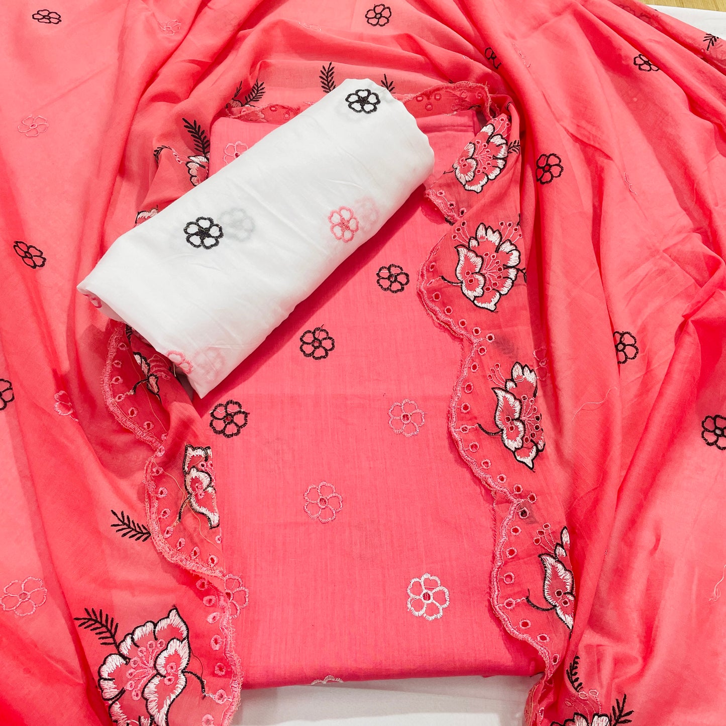 Pink & Black Floral Embroidery Cotton Suit Set With Dupatta - TradeUNO