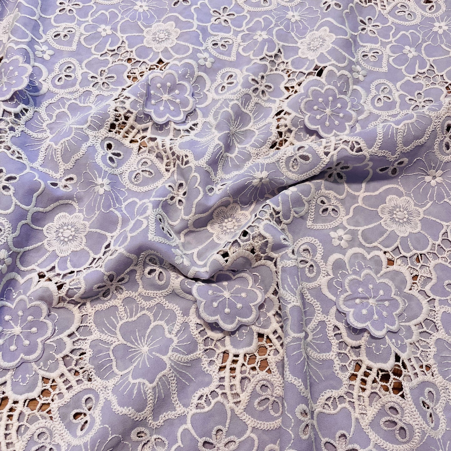 Premium Lavender White 3D Embroidery Schiffli Crepe Fabric