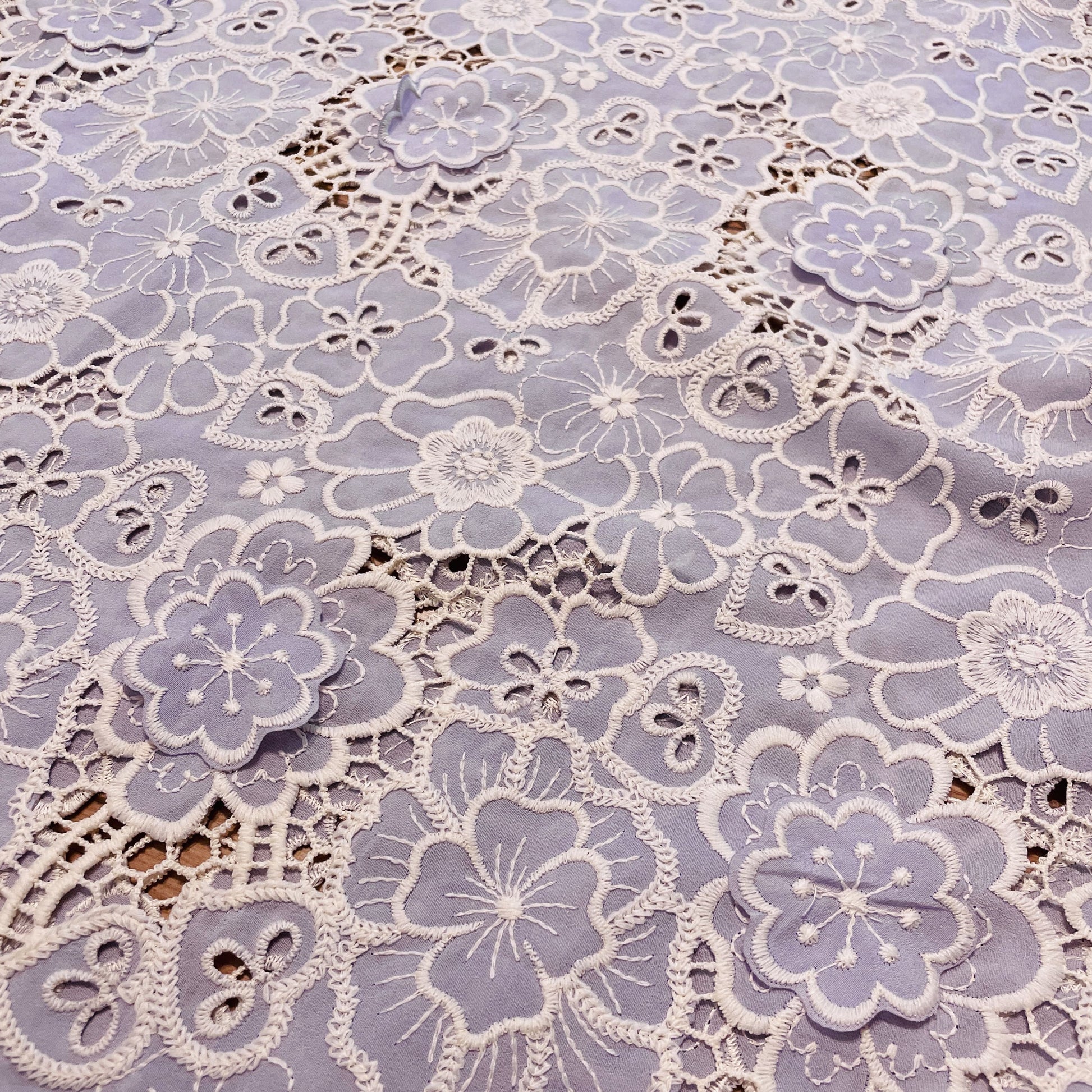 Premium Lavender White 3D Embroidery Schiffli Crepe Fabric
