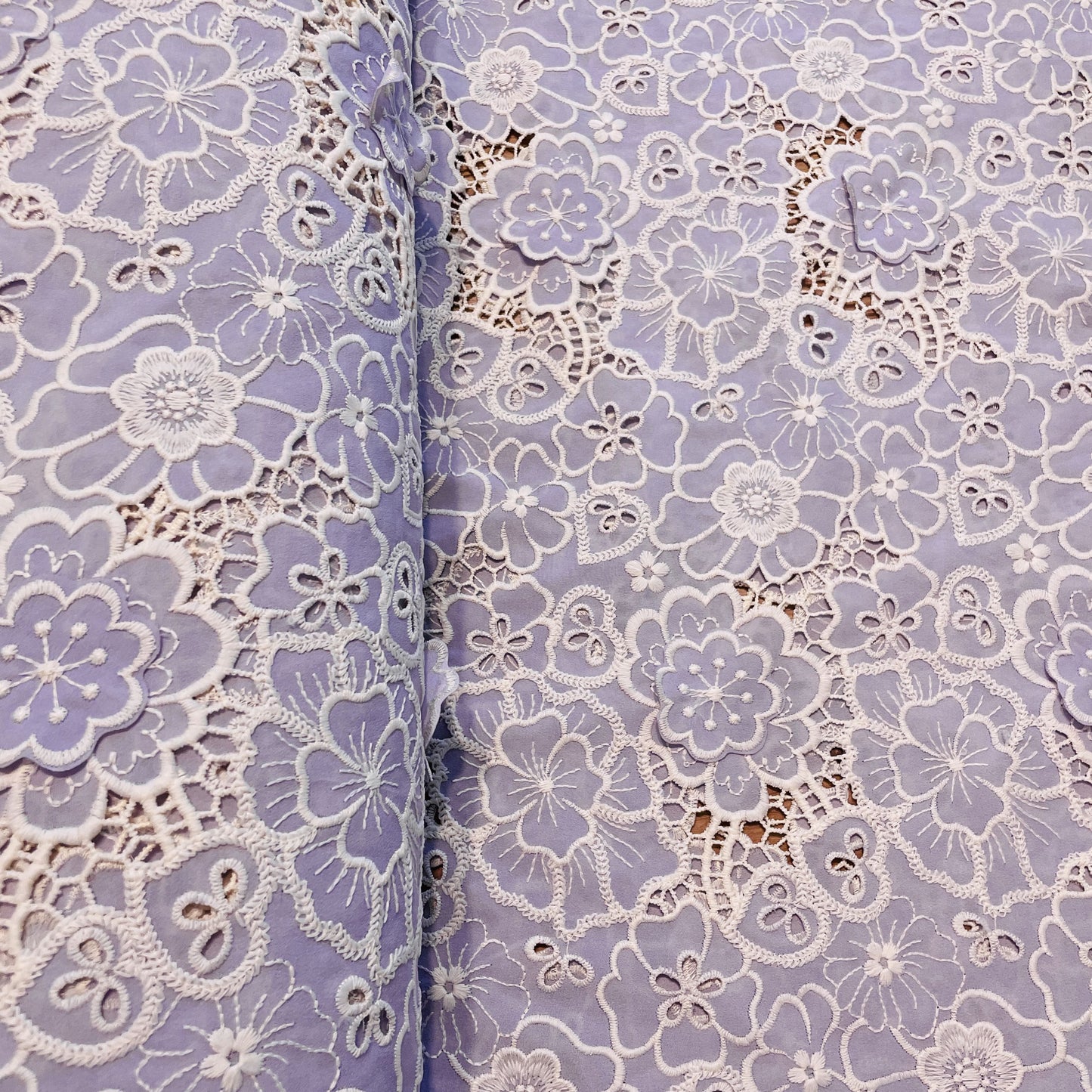 Premium Lavender White 3D Embroidery Schiffli Crepe Fabric