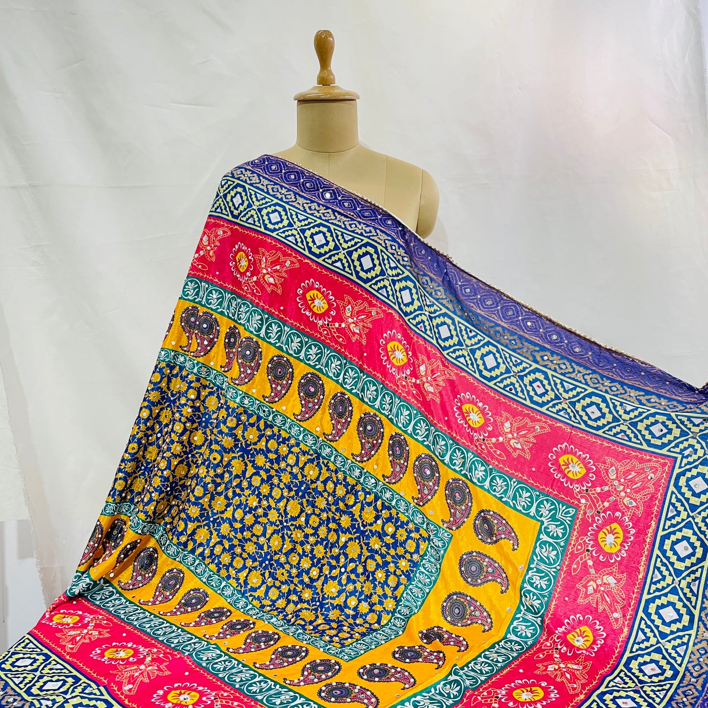Mutlicolor Traditional Pearl & Mirror Work Silk Dupatta - TradeUNO