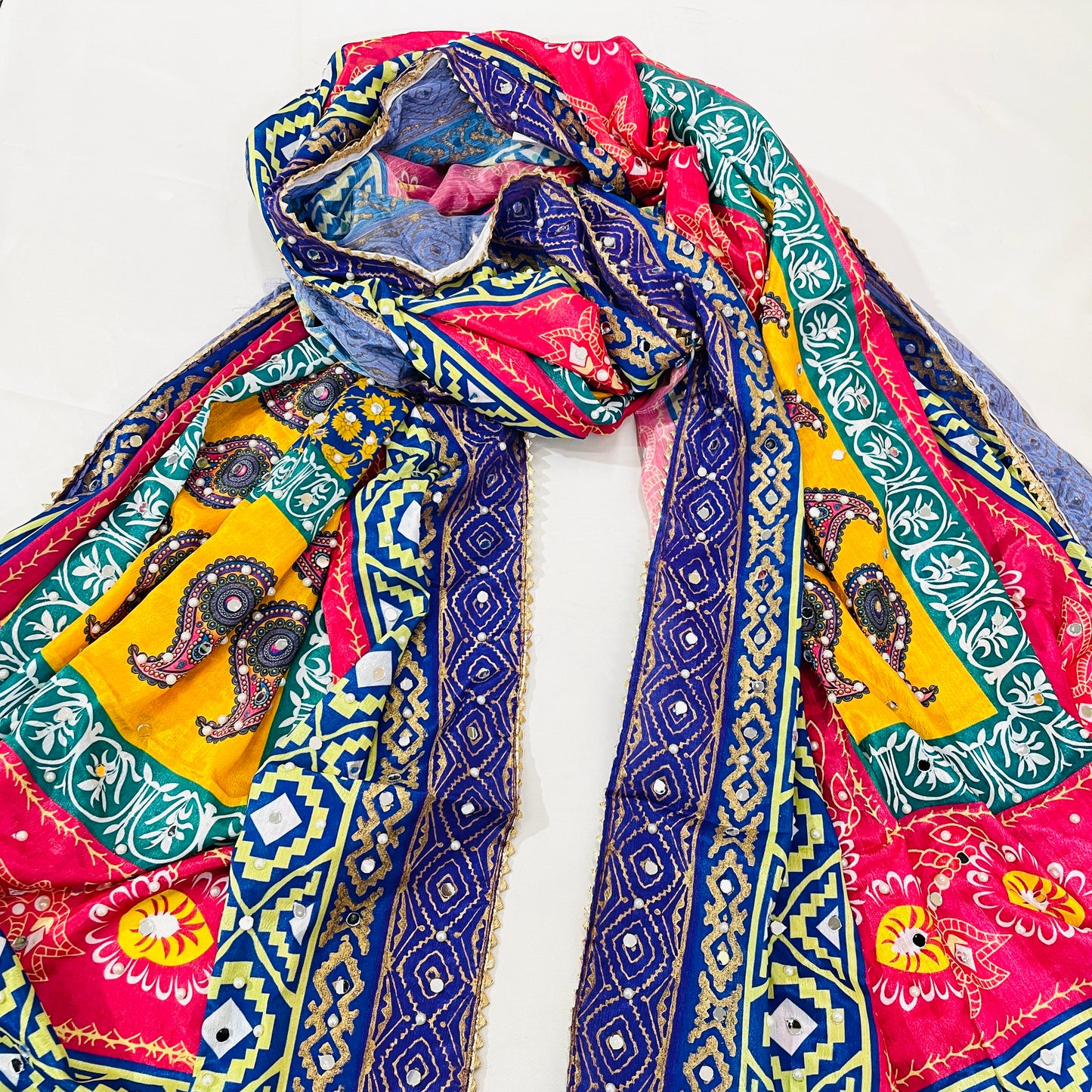Mutlicolor Traditional Pearl & Mirror Work Silk Dupatta - TradeUNO