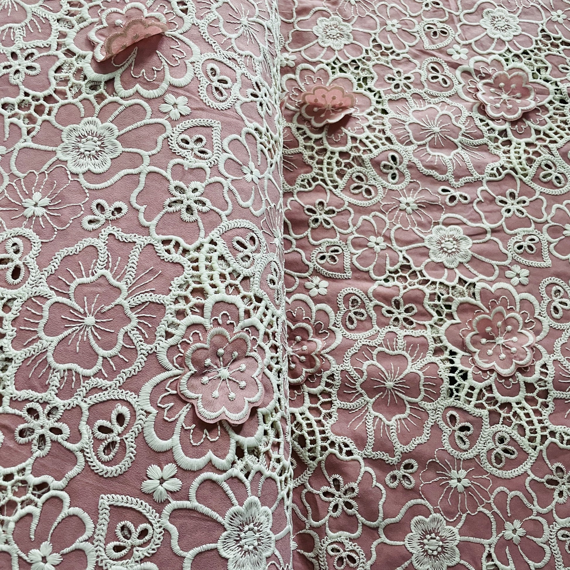 Premium Pink White 3D Embroidery Schiffli Crepe Fabric