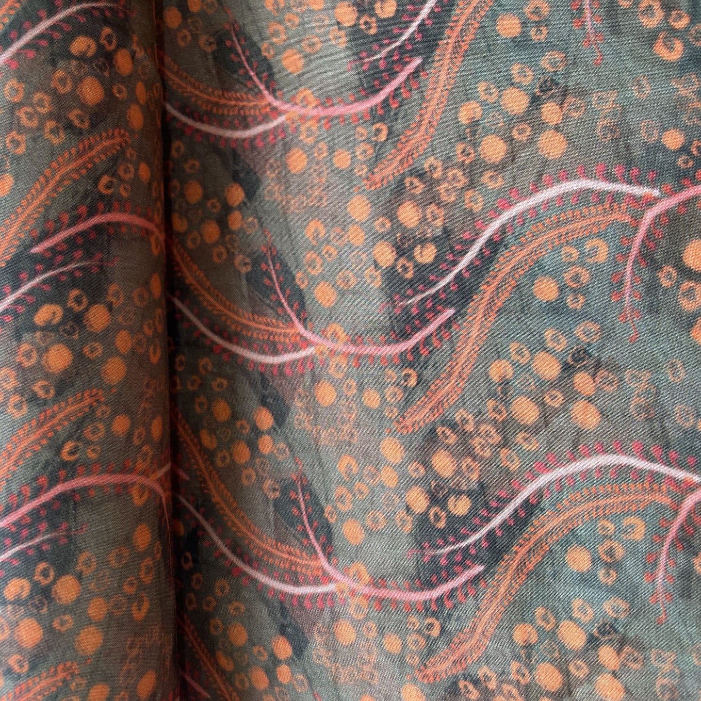 Olive Green Batik Print Modal Satin Fabric 20840