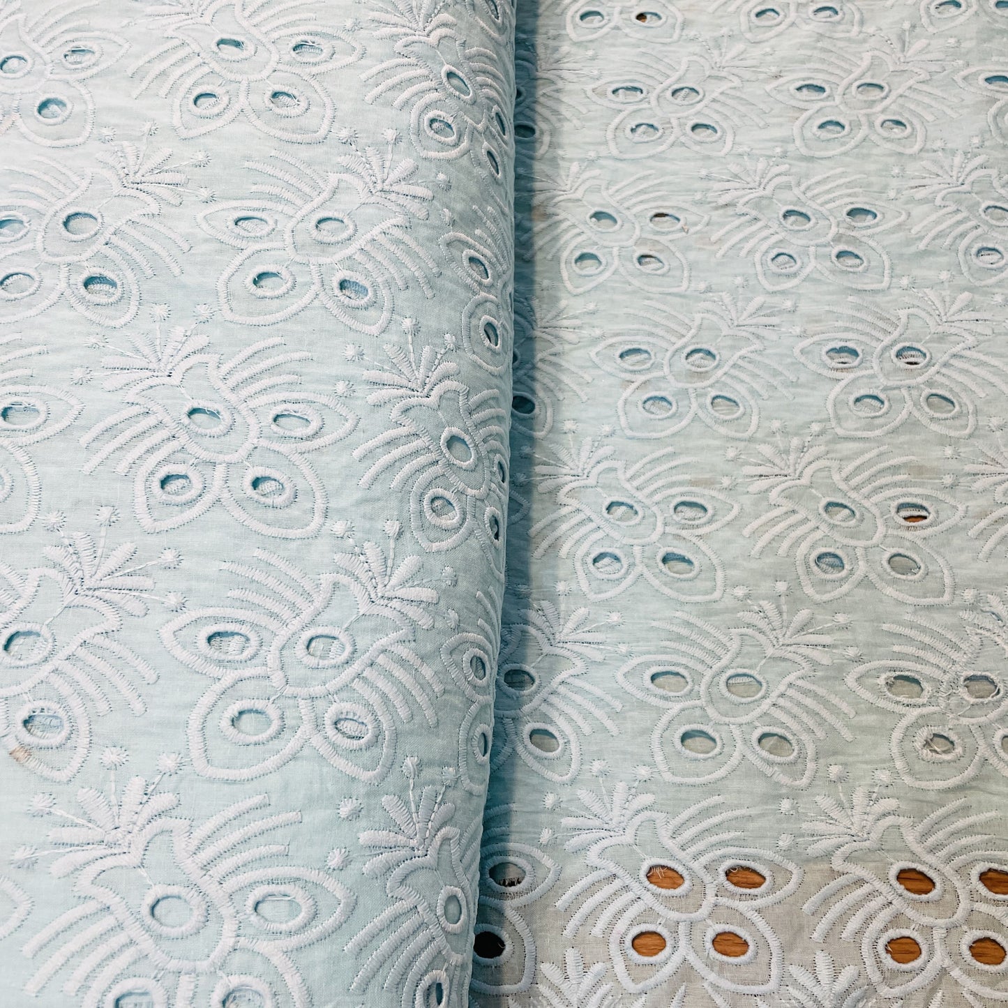 Premium Sky Blue Floral Embroidery Cotton Schiffli Fabric