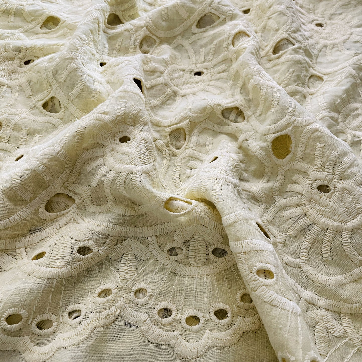 Premium Cream Abstract Flower Embroidery Cotton Schiffli Fabric