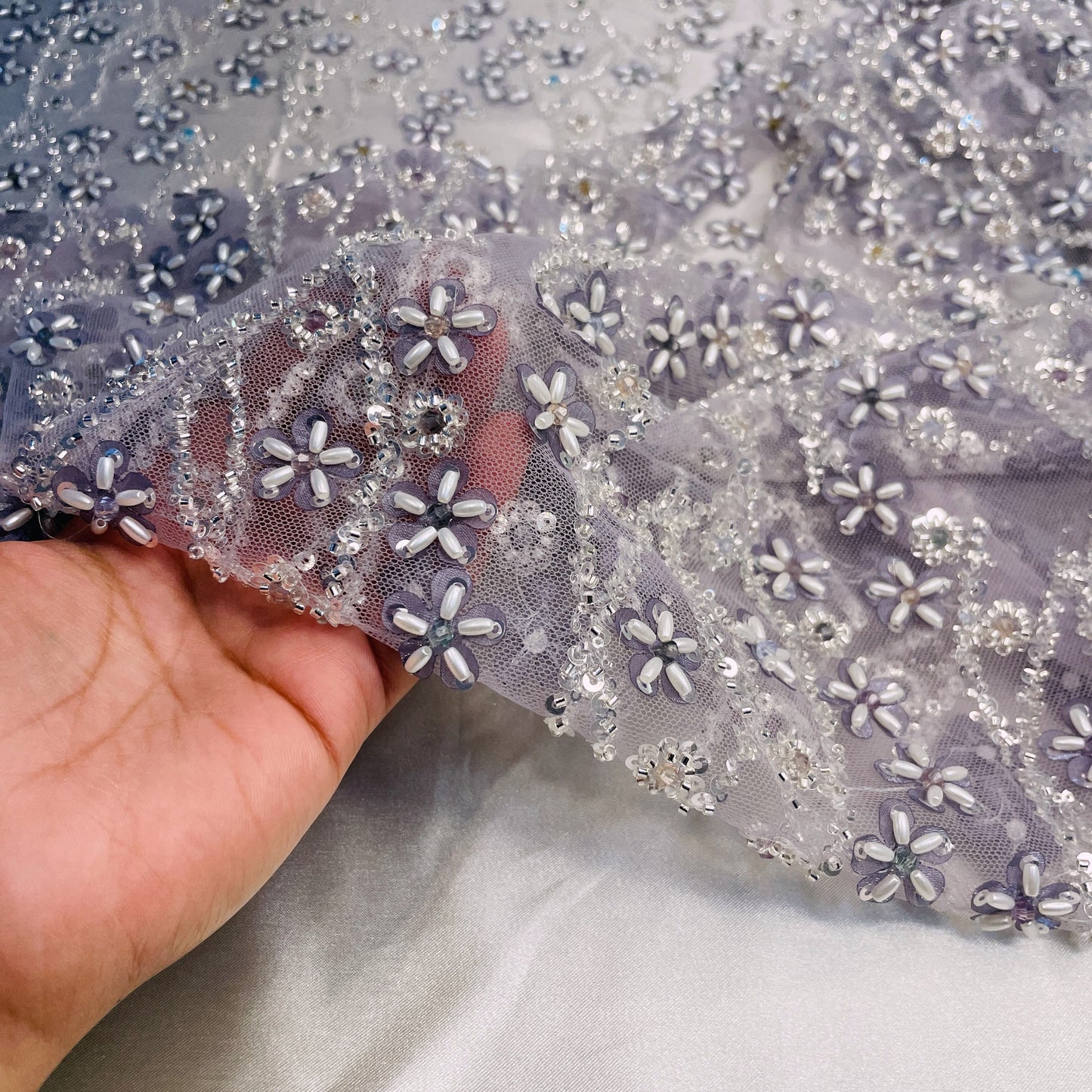 Premium Lavender Floral Heavy Sequins CutDana Turkish Work Embroidery Net Fabric