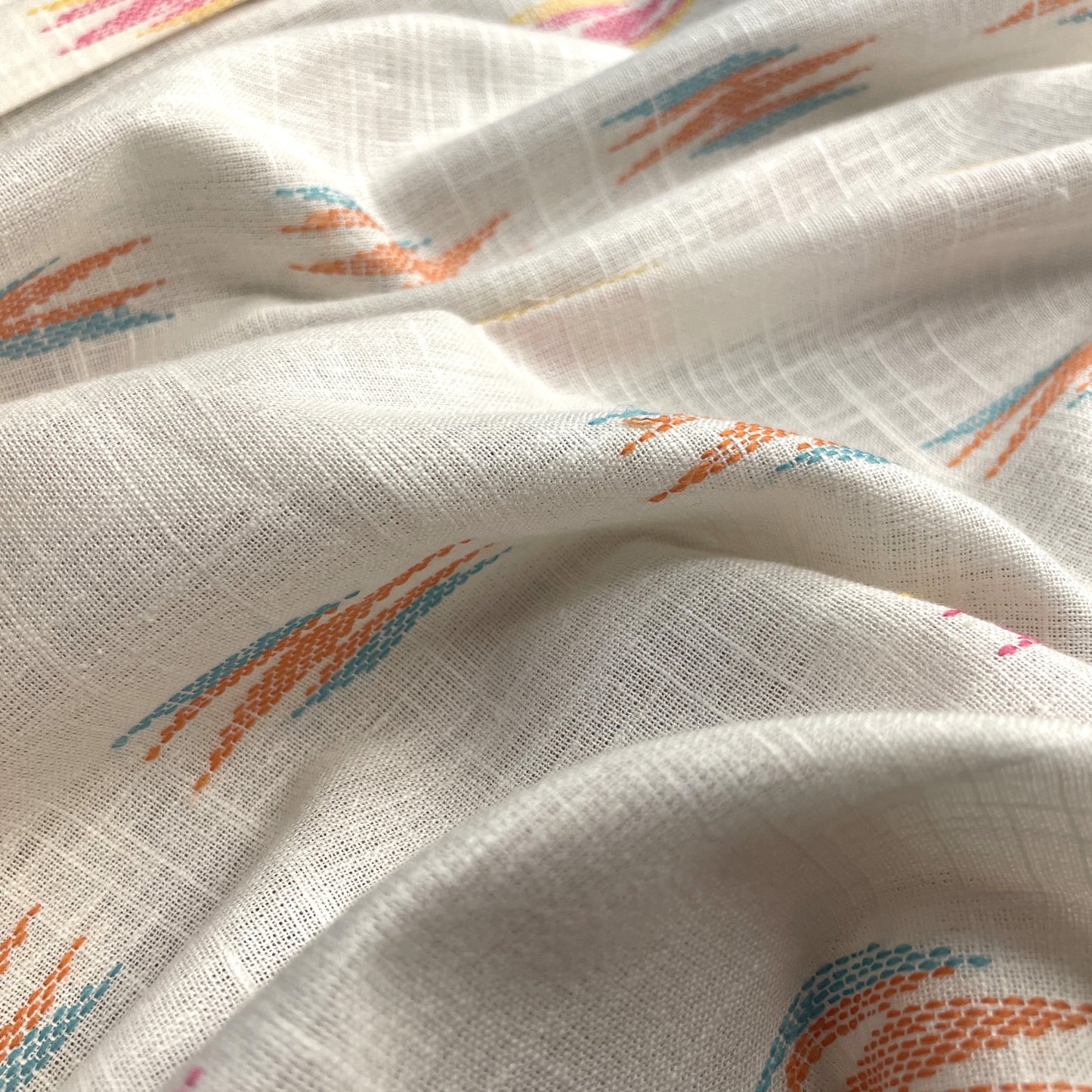 Premium OffWhite Pink Multicolor Ikkat Dobby Embroidery Dyeable Cotton Fabric