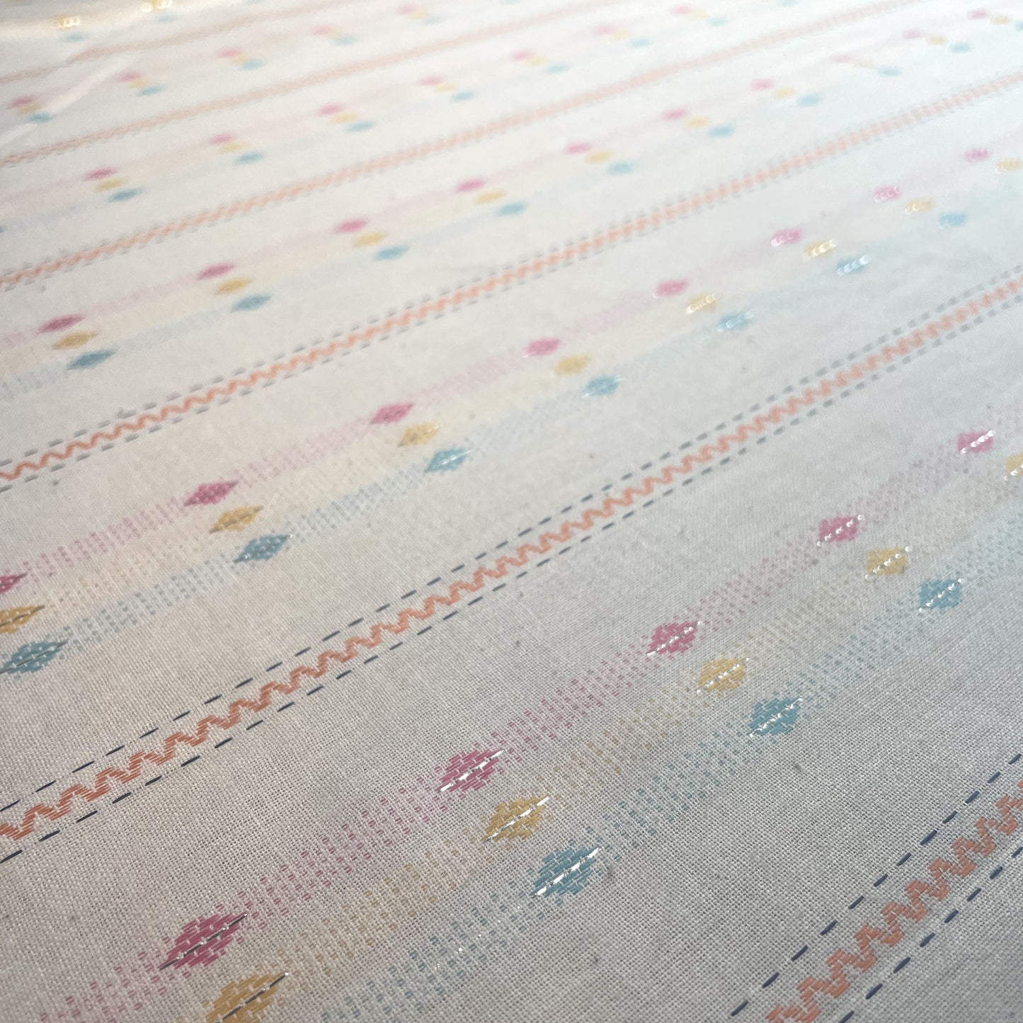 Premium OffWhite Multicolor Buti Stripes Silver Lurex Dobby Embroidery Dyeable Cotton Fabric