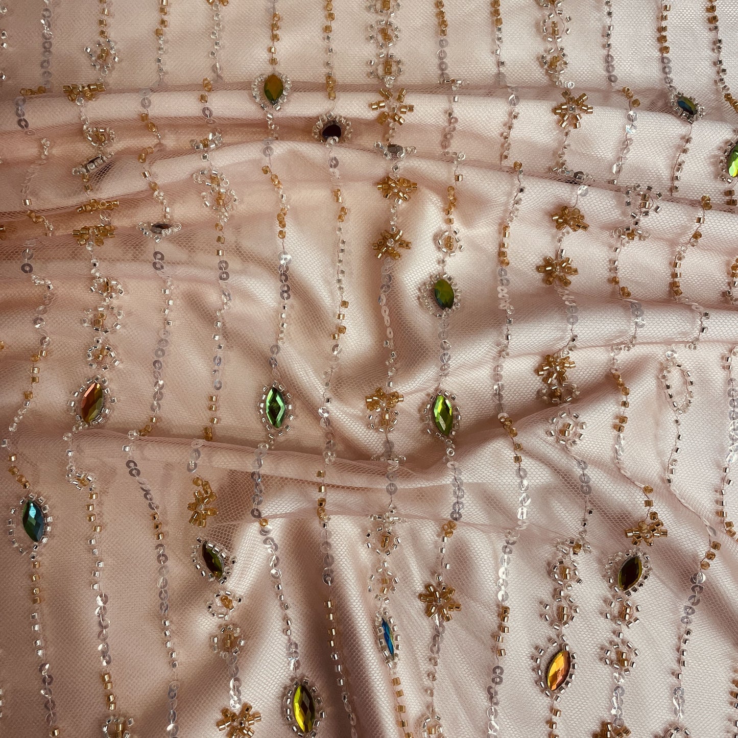 Pink Cut Dana Rhinestone Turkish Work Embroidery Net Fabric