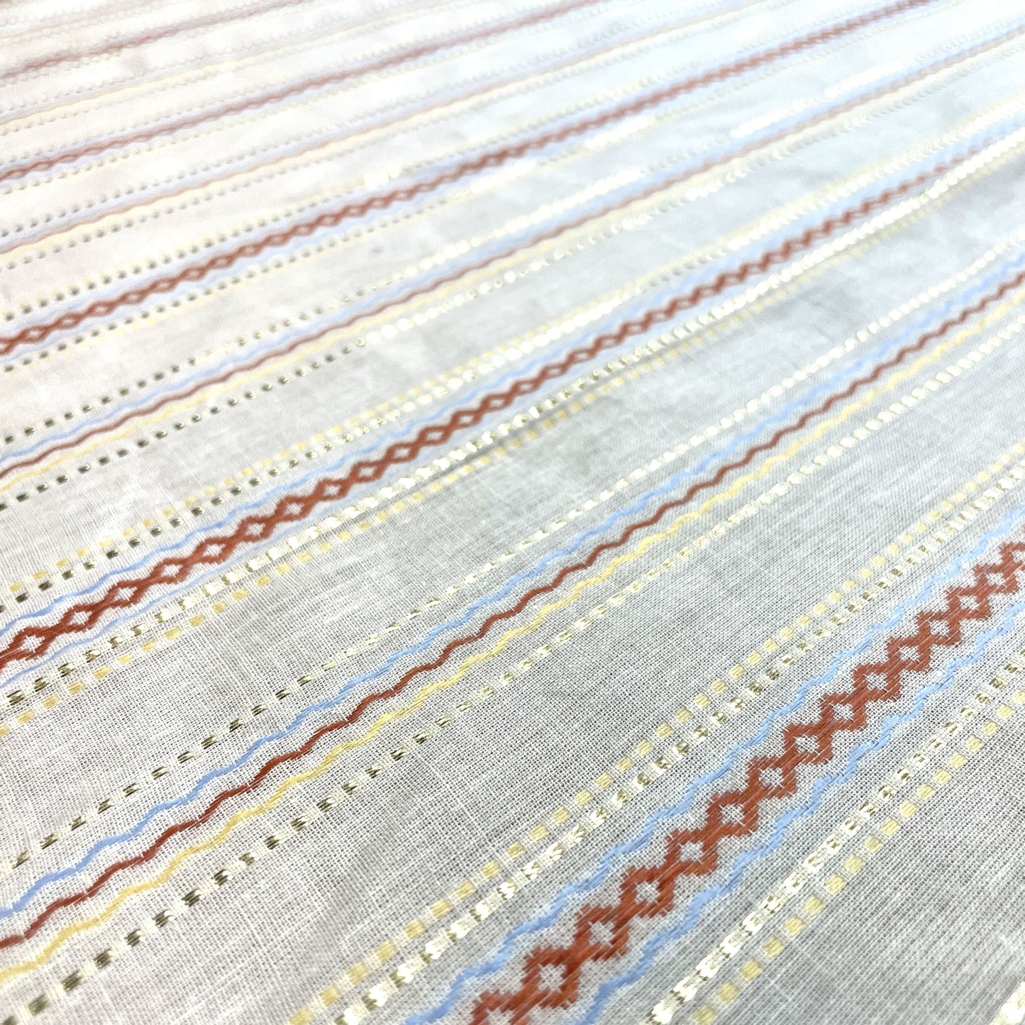 Premium OffWhite Stripes Gold Lurex Dobby Embroidery Dyeable Cotton Fabric