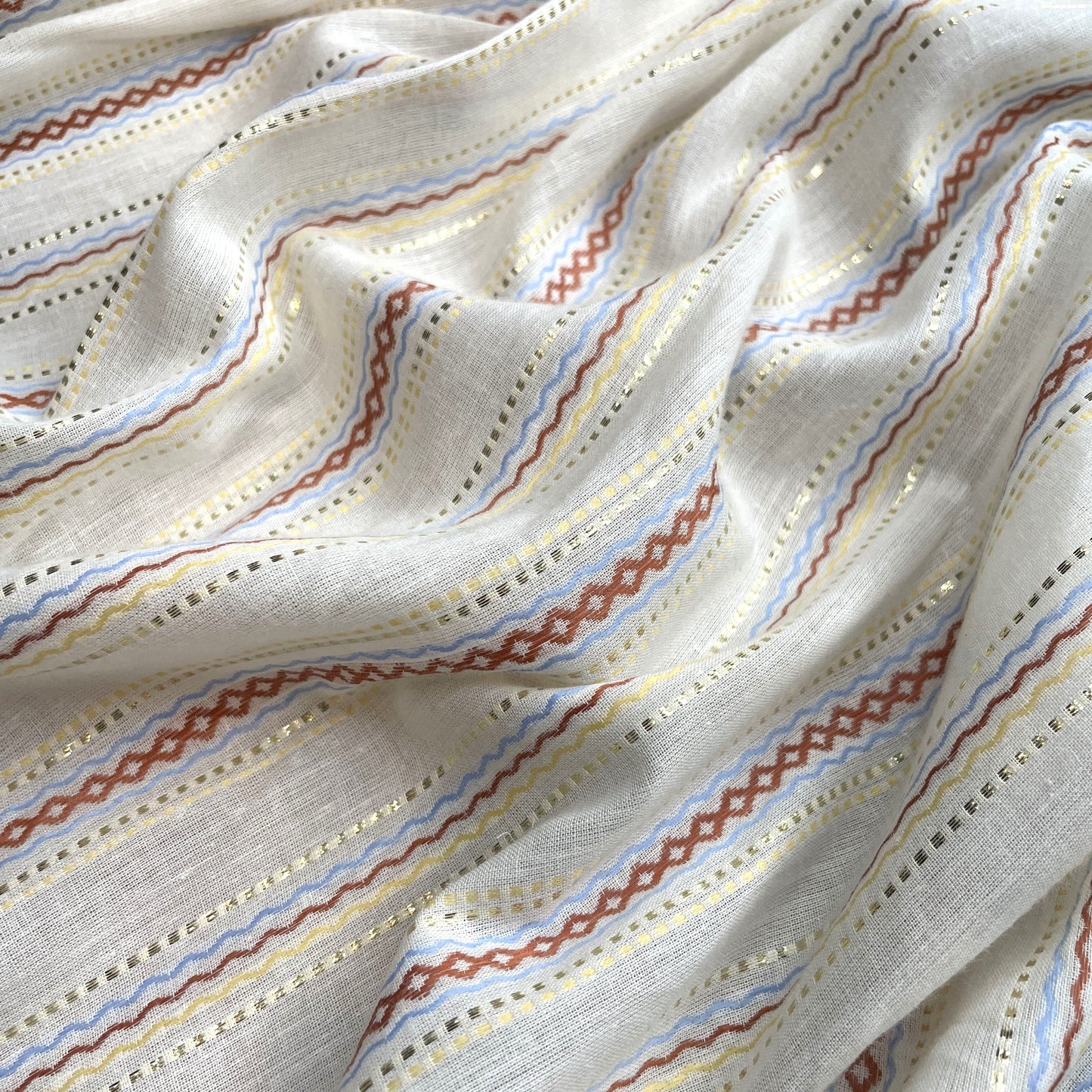 Premium OffWhite Stripes Gold Lurex Dobby Embroidery Dyeable Cotton Fabric