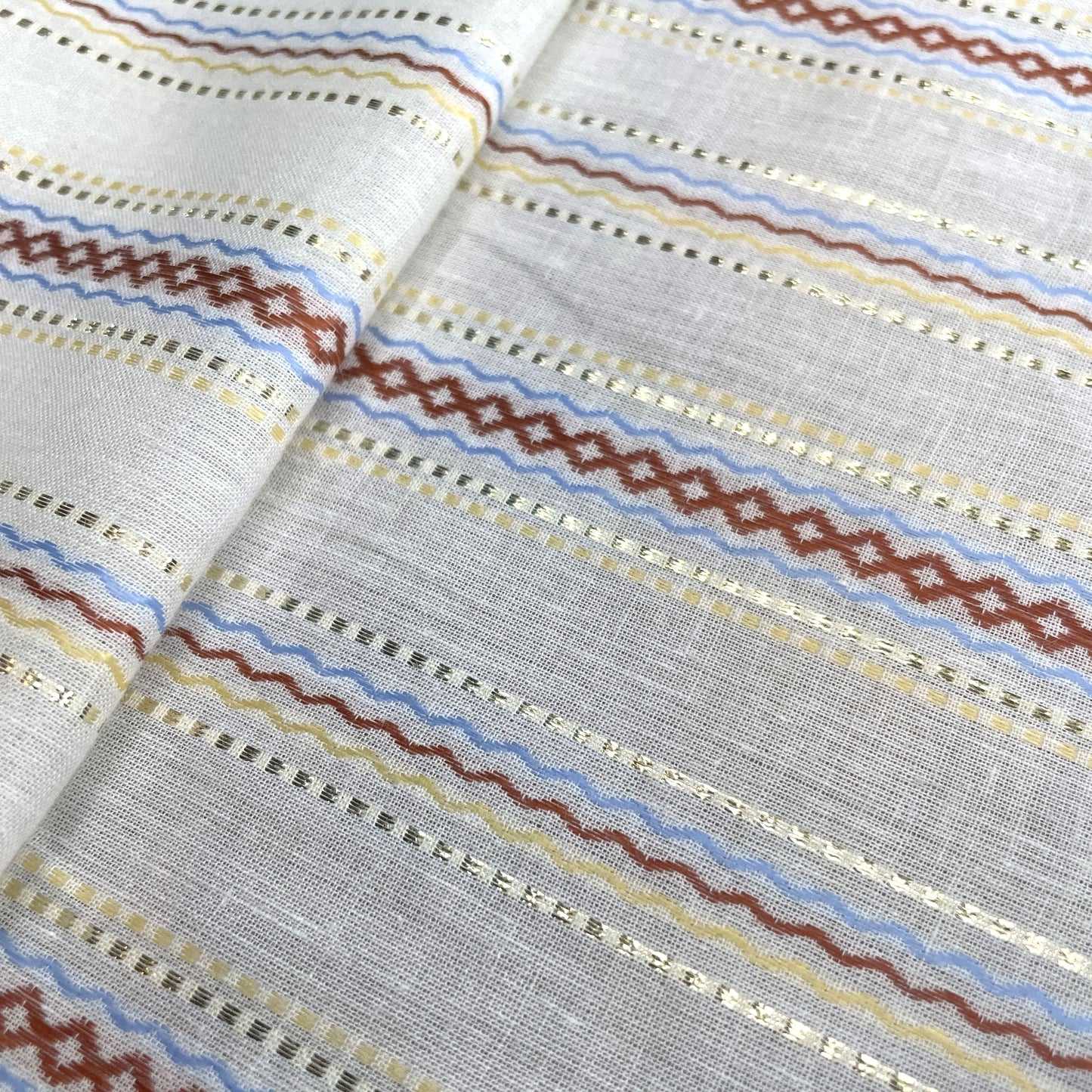 Premium OffWhite Stripes Gold Lurex Dobby Embroidery Dyeable Cotton Fabric
