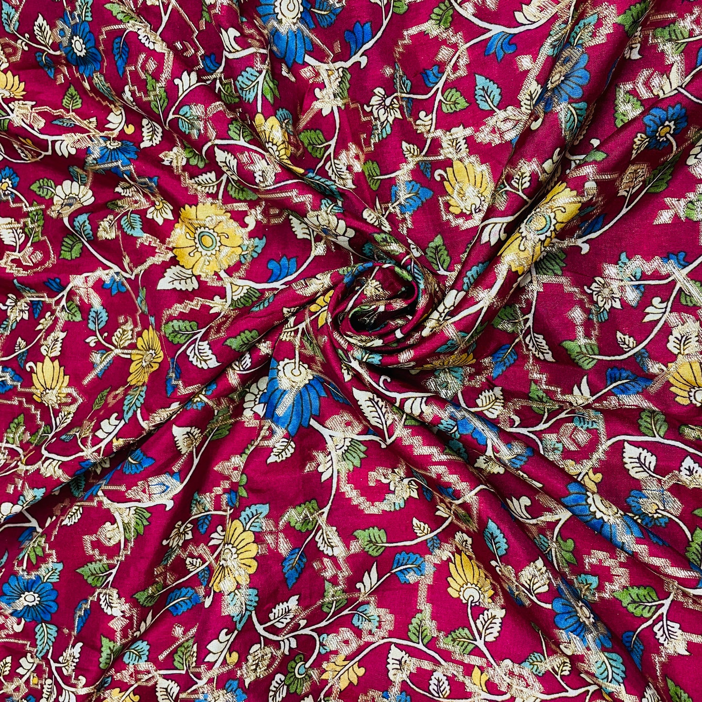 Red Madhubani Print Dola Silk Jacquard Fabric - TradeUNO
