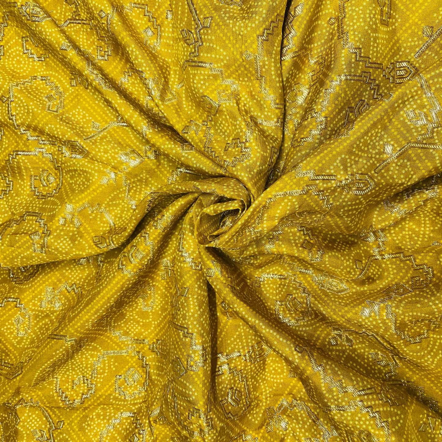 Yellow Patola Bandhani Print Dola Silk Jacquard Fabric - TradeUNO
