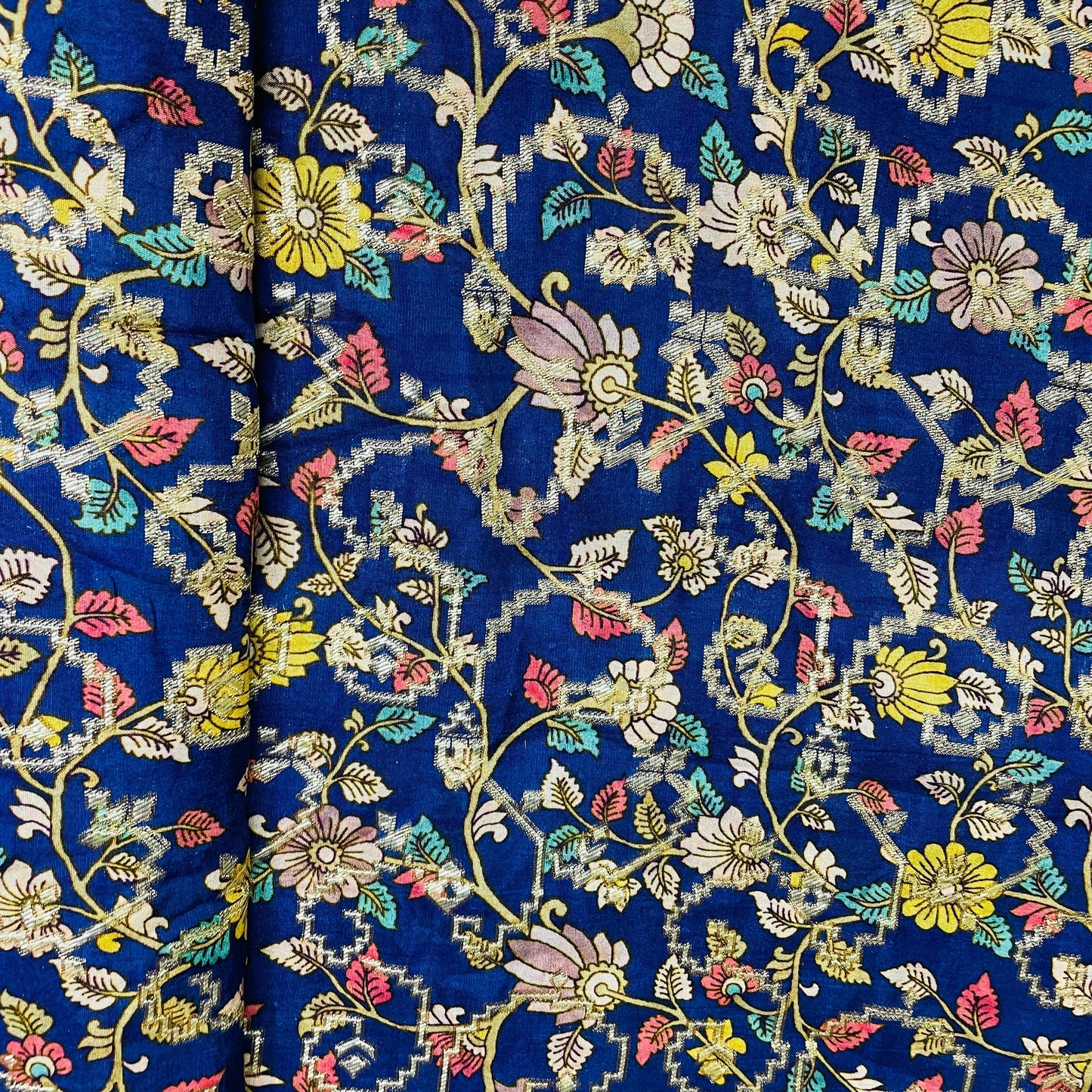 Blue Madhubani Print Dola Silk Jacquard Fabric - TradeUNO
