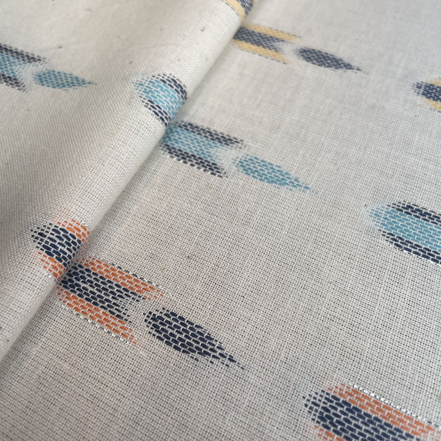 Premium OffWhite Multicolor Ikkat Dobby Embroidery Dyeable Cotton Fabric