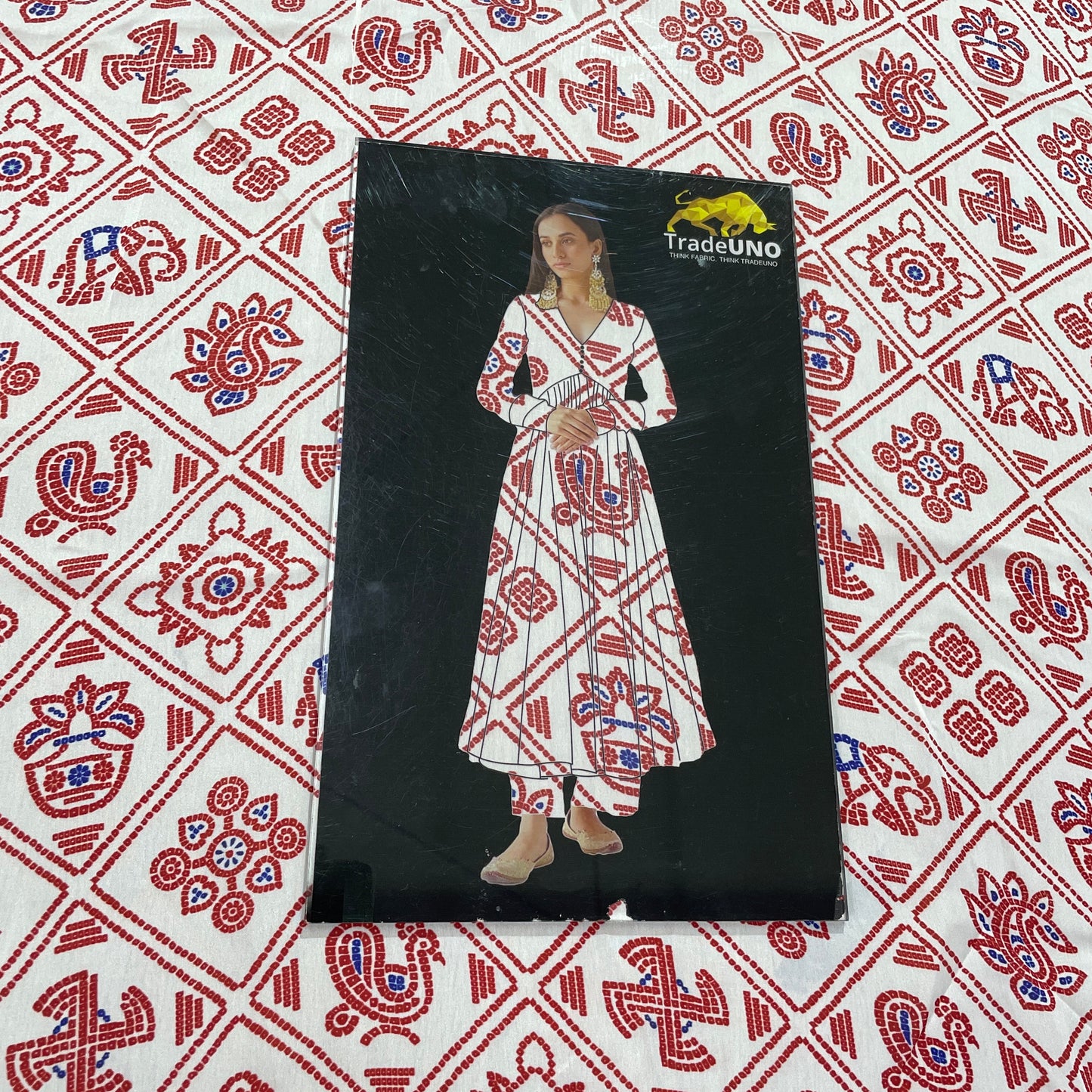 White & Red Traditional Print Georgette Satin Fabric - TradeUNO