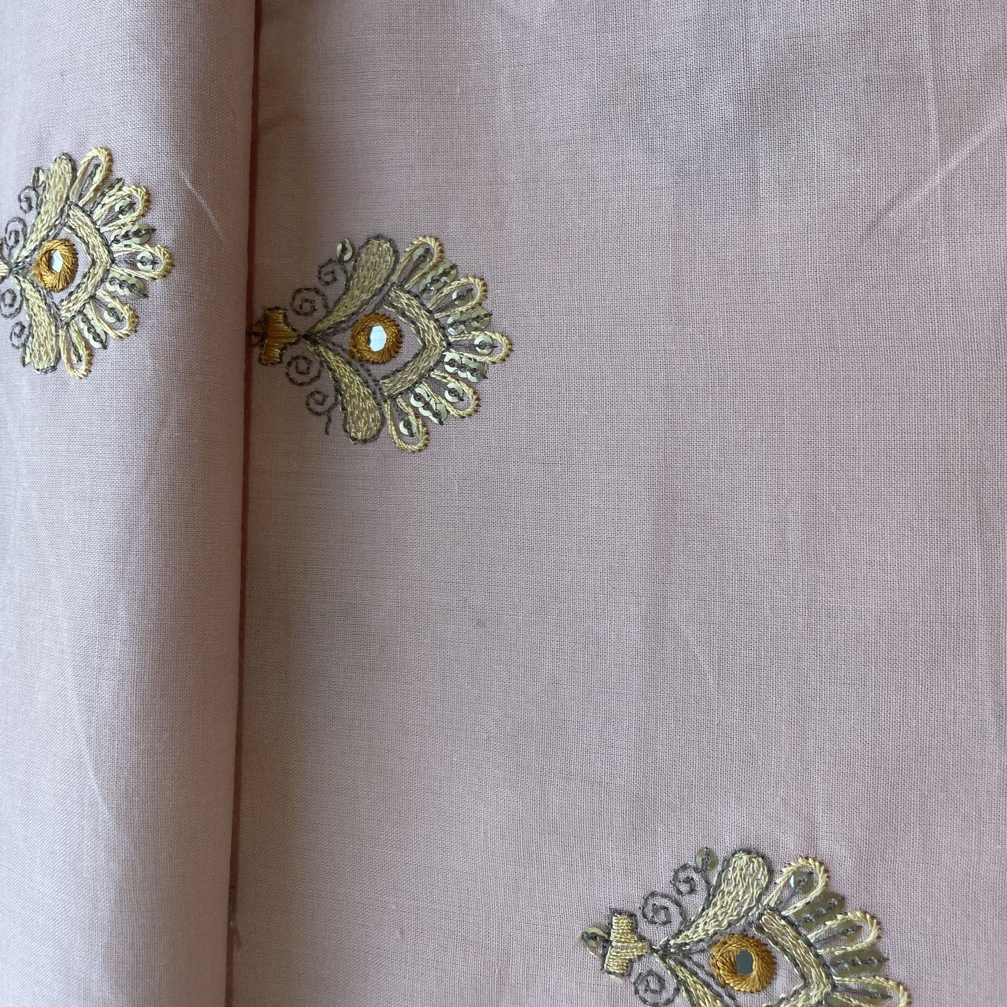 Peach Pink Mirror Buti Embroidery Cotton Fabric 15521