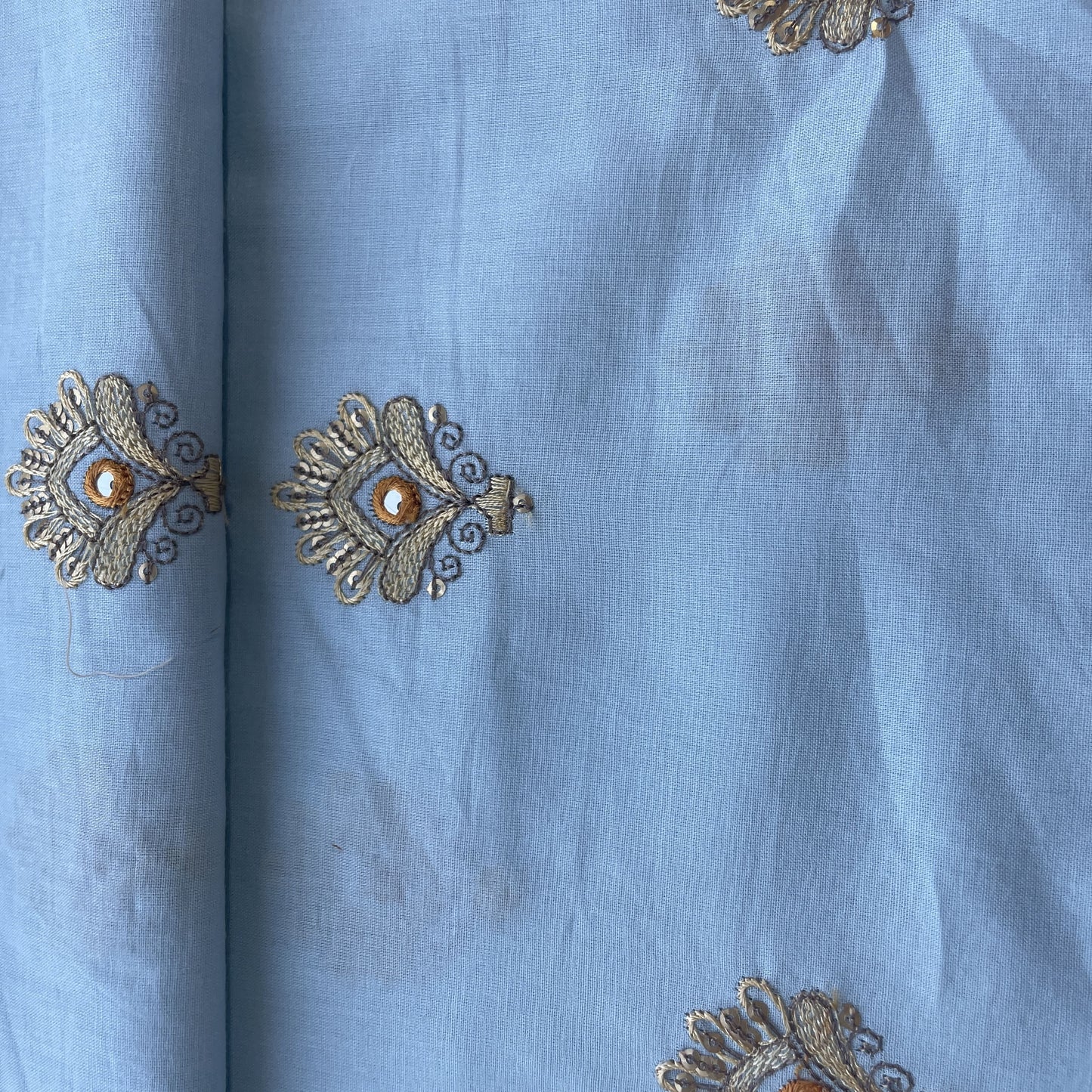 Sky Blue Mirror Buti Embroidery Cotton Fabric 15522