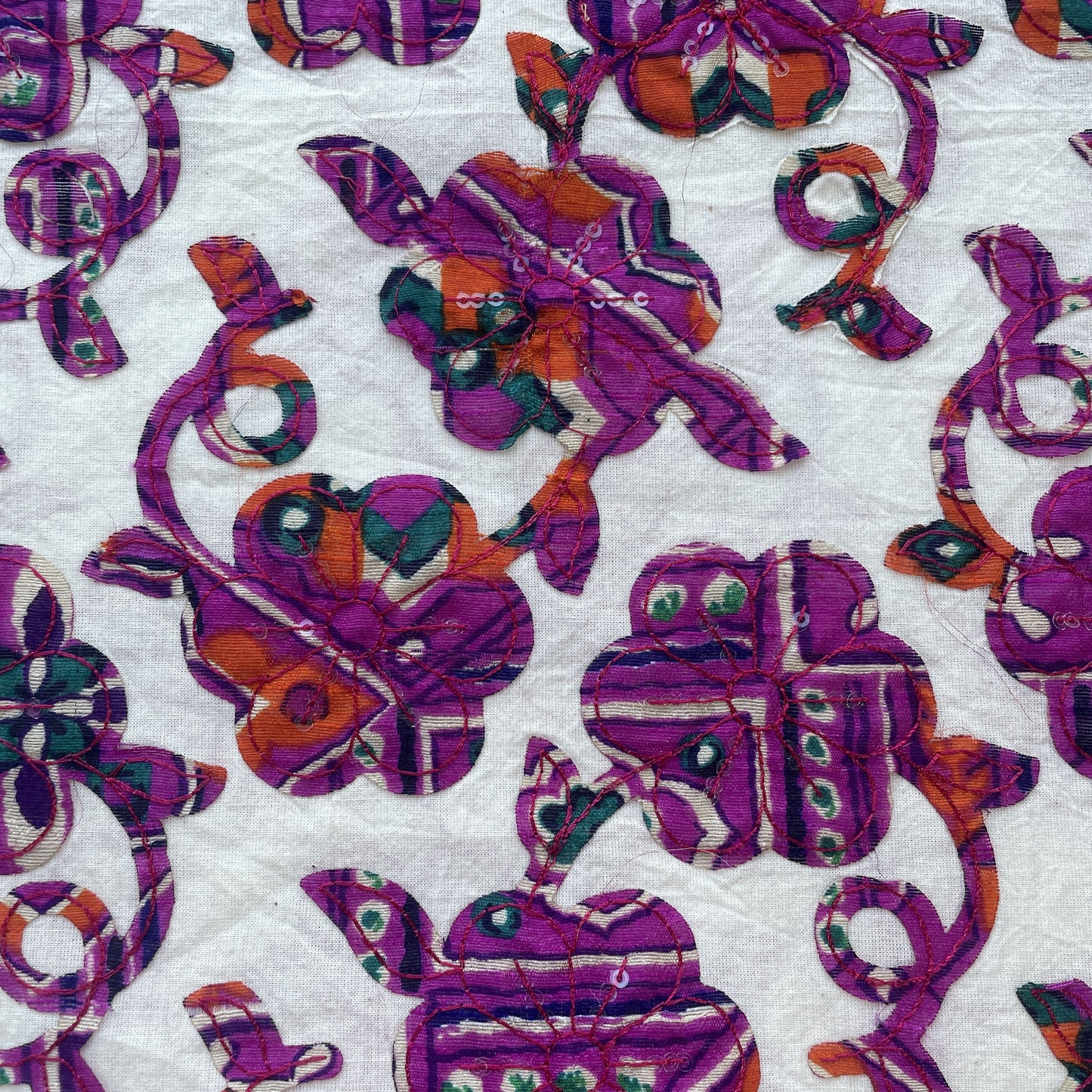 Griege & Purple Floral Applique Work Sequence Embroidery Cotton Fabric 9600