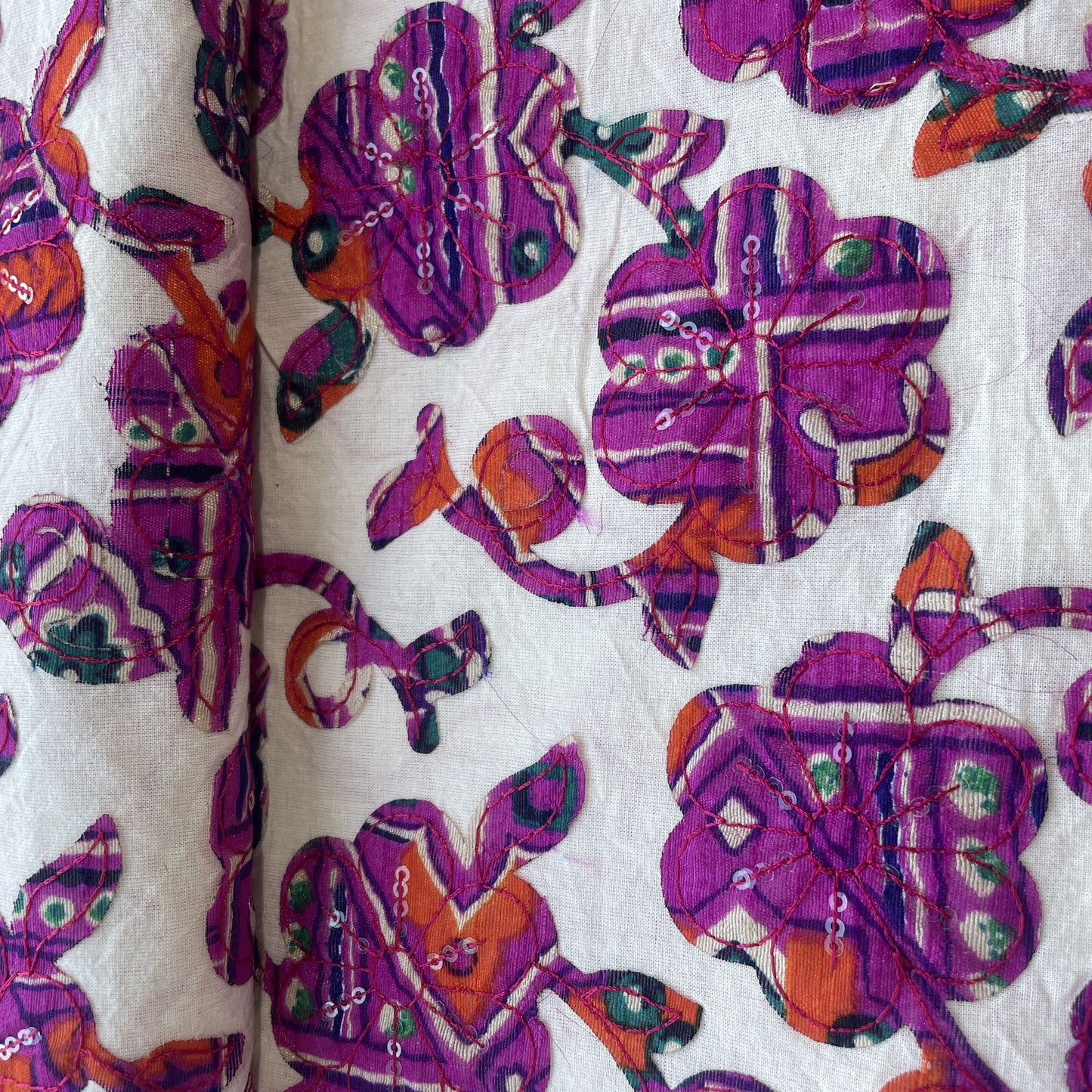 Griege & Purple Floral Applique Work Sequence Embroidery Cotton Fabric 9600