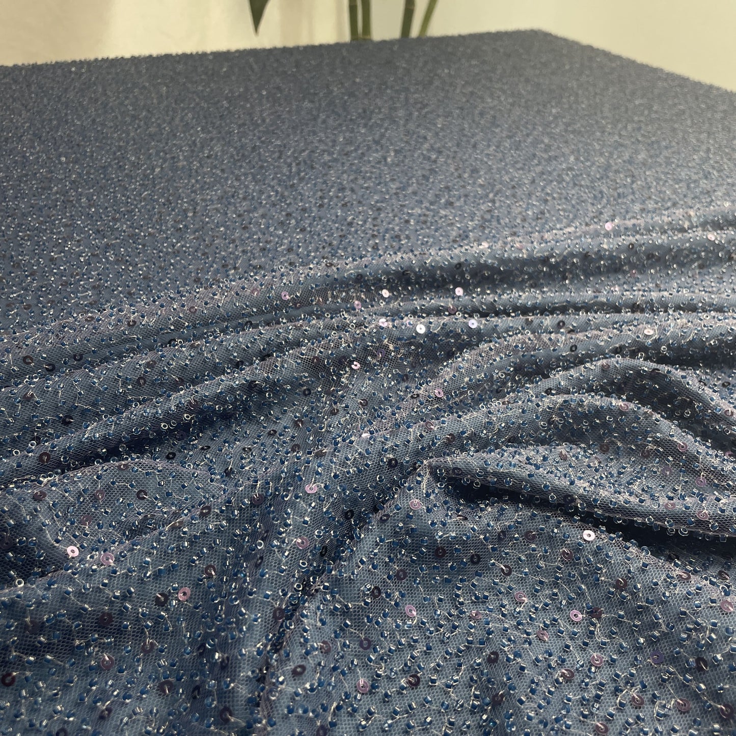 Premium Steel Blue Heavy Sequins CutDana Embroidery Net Fabric