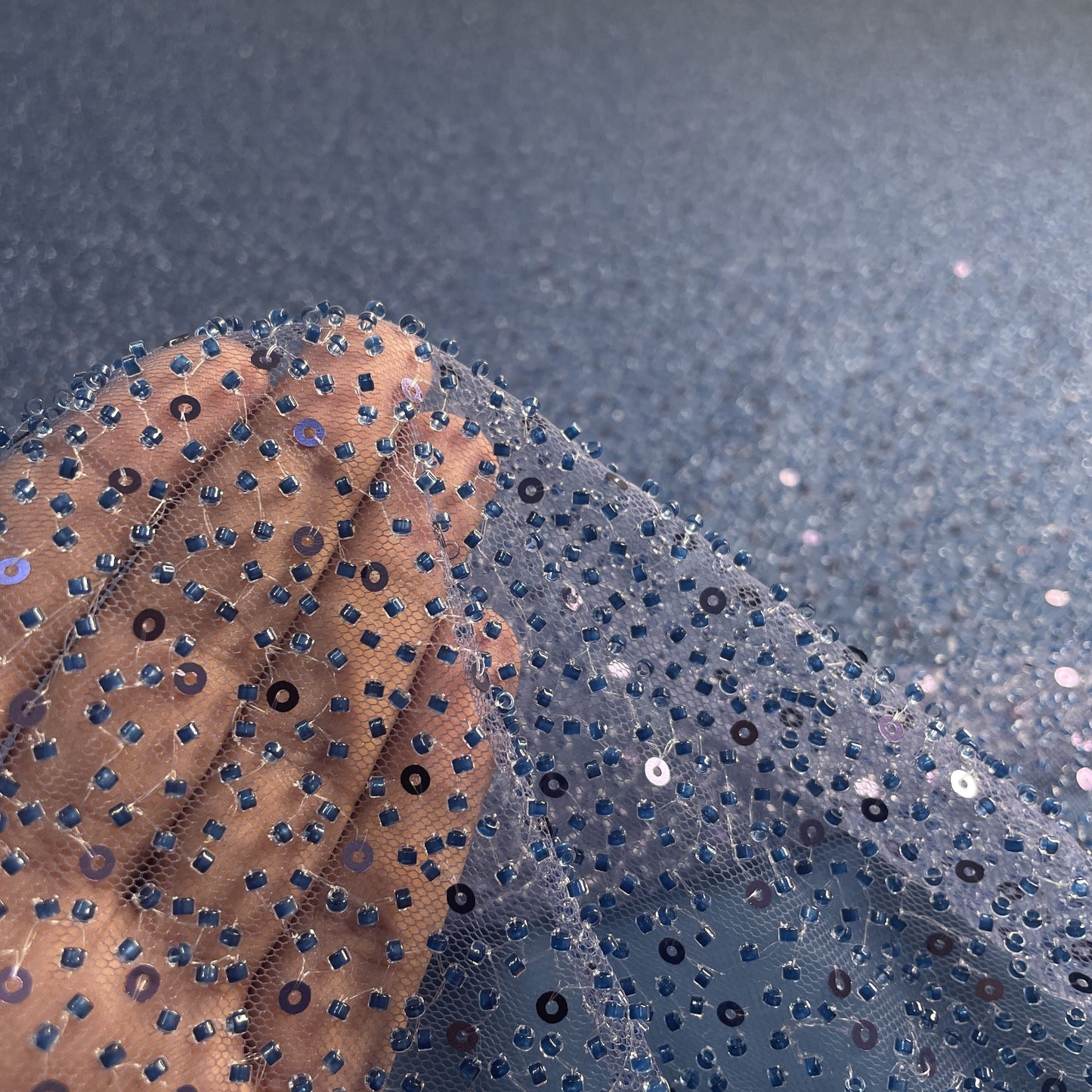 Premium Steel Blue Heavy Sequins CutDana Embroidery Net Fabric