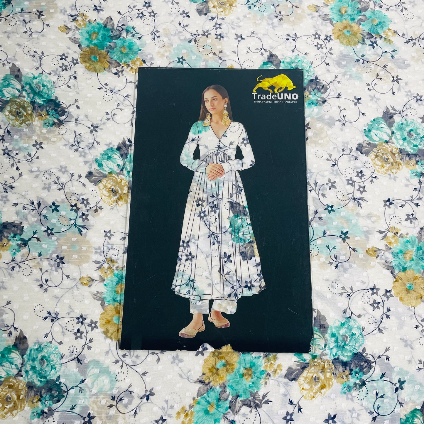 White with Green Floral Chiffon Dobby Fabric - TradeUNO
