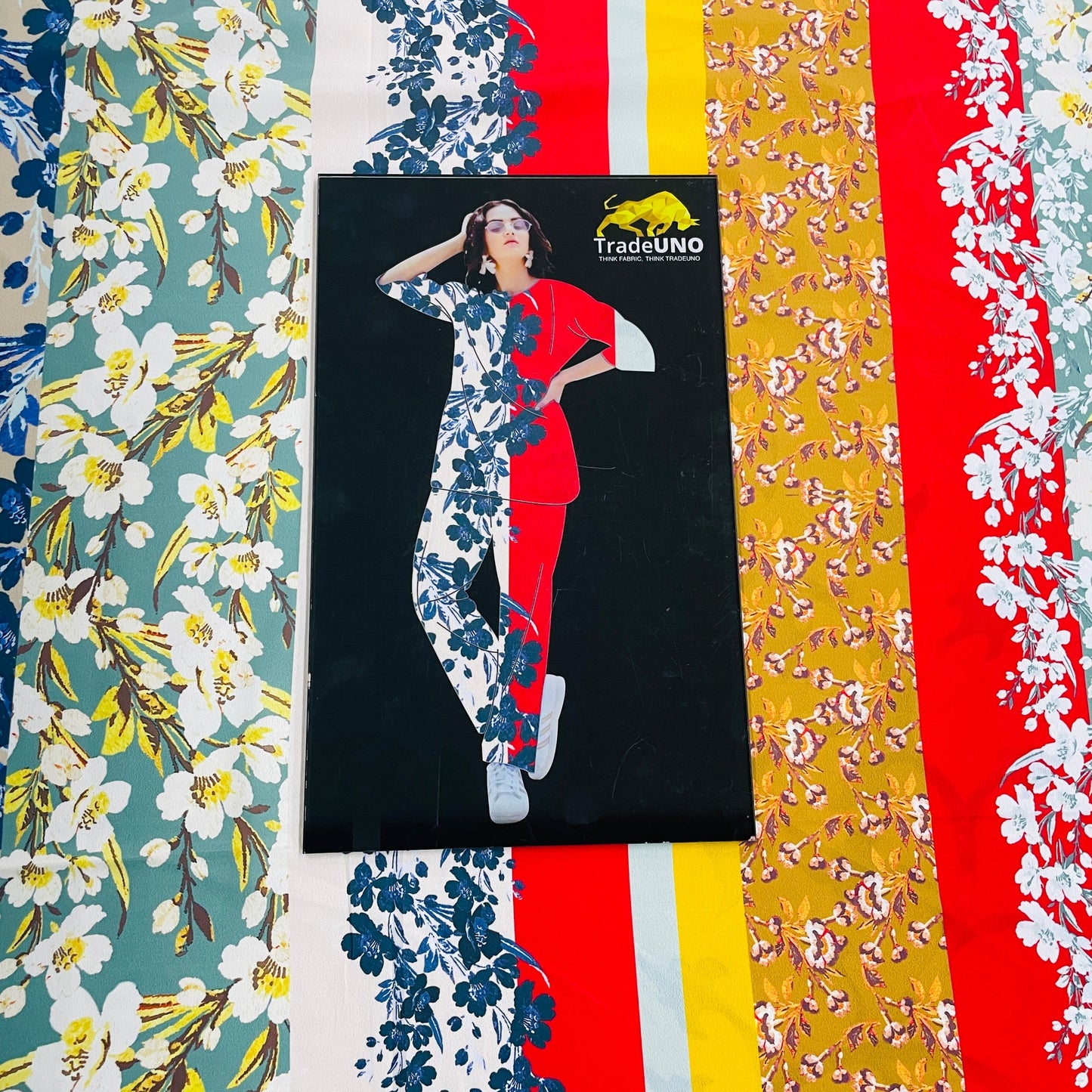 Multicolor Stirpes & Floral Print Crepe Fabric - TradeUNO