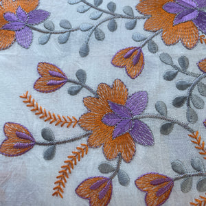 White & Orange Floral Thread Embroidery Cotton Fabric 11694