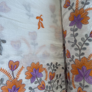 White & Orange Floral Thread Embroidery Cotton Fabric 11694