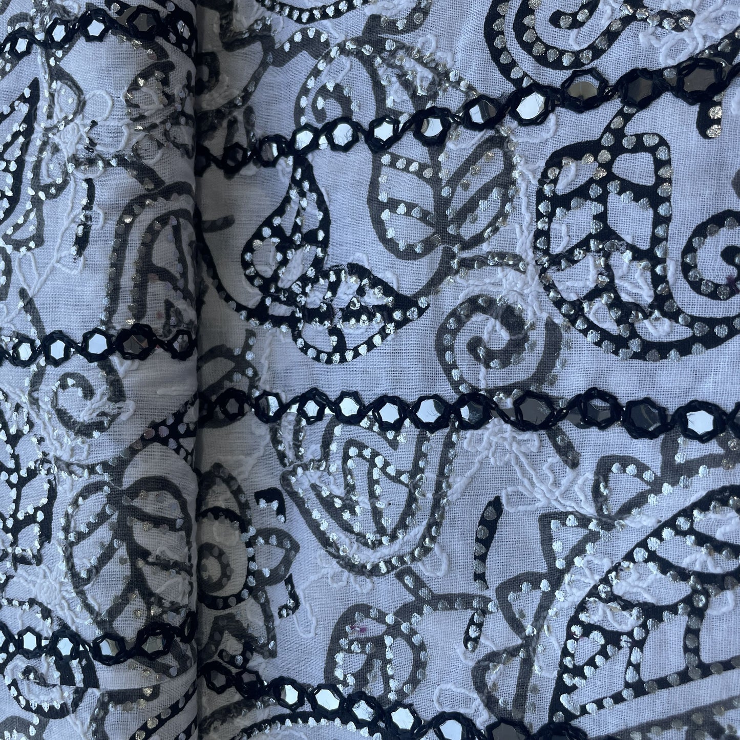 Black Floral Foil Sequence Embroidery Cotton Fabric 13577