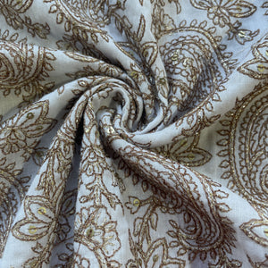 White & Golden Sequence Embroidery Cotton Fabric 12310