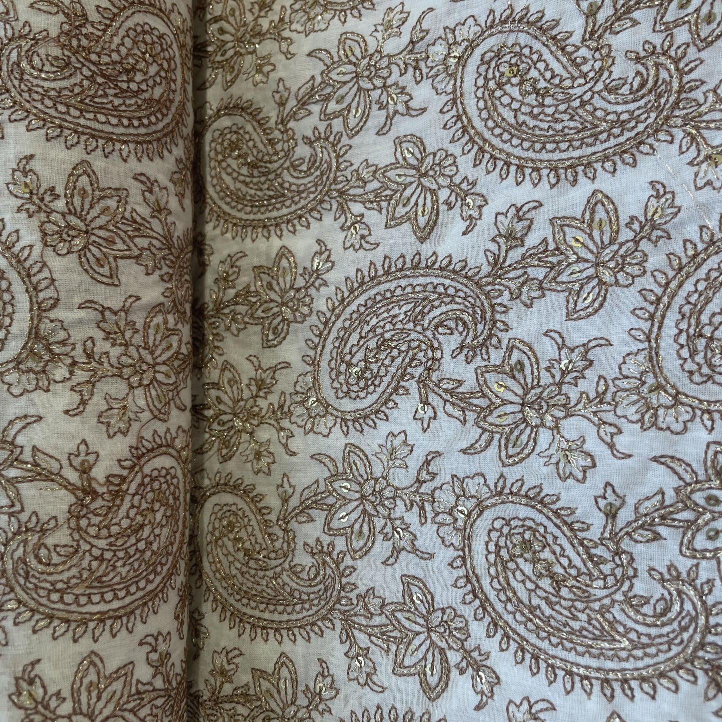 White & Golden Sequence Embroidery Cotton Fabric 12310