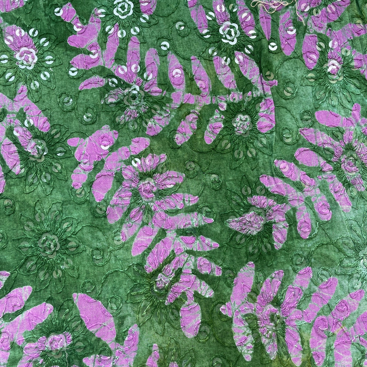Green Batik Thread Sequins Embroidery Cotton Fabric 15535