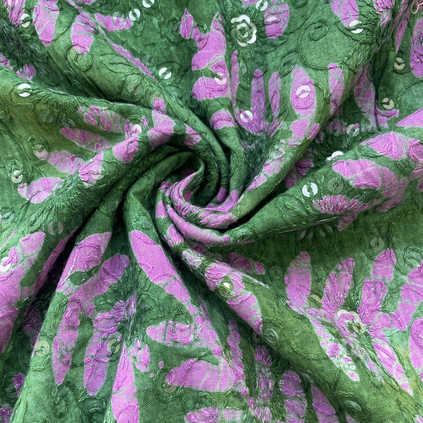 Green Batik Thread Sequins Embroidery Cotton Fabric 15535