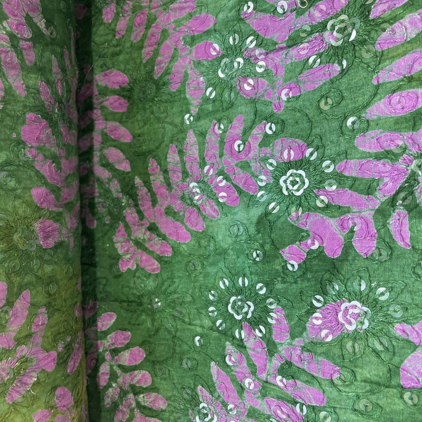 Green Batik Thread Sequins Embroidery Cotton Fabric 15535