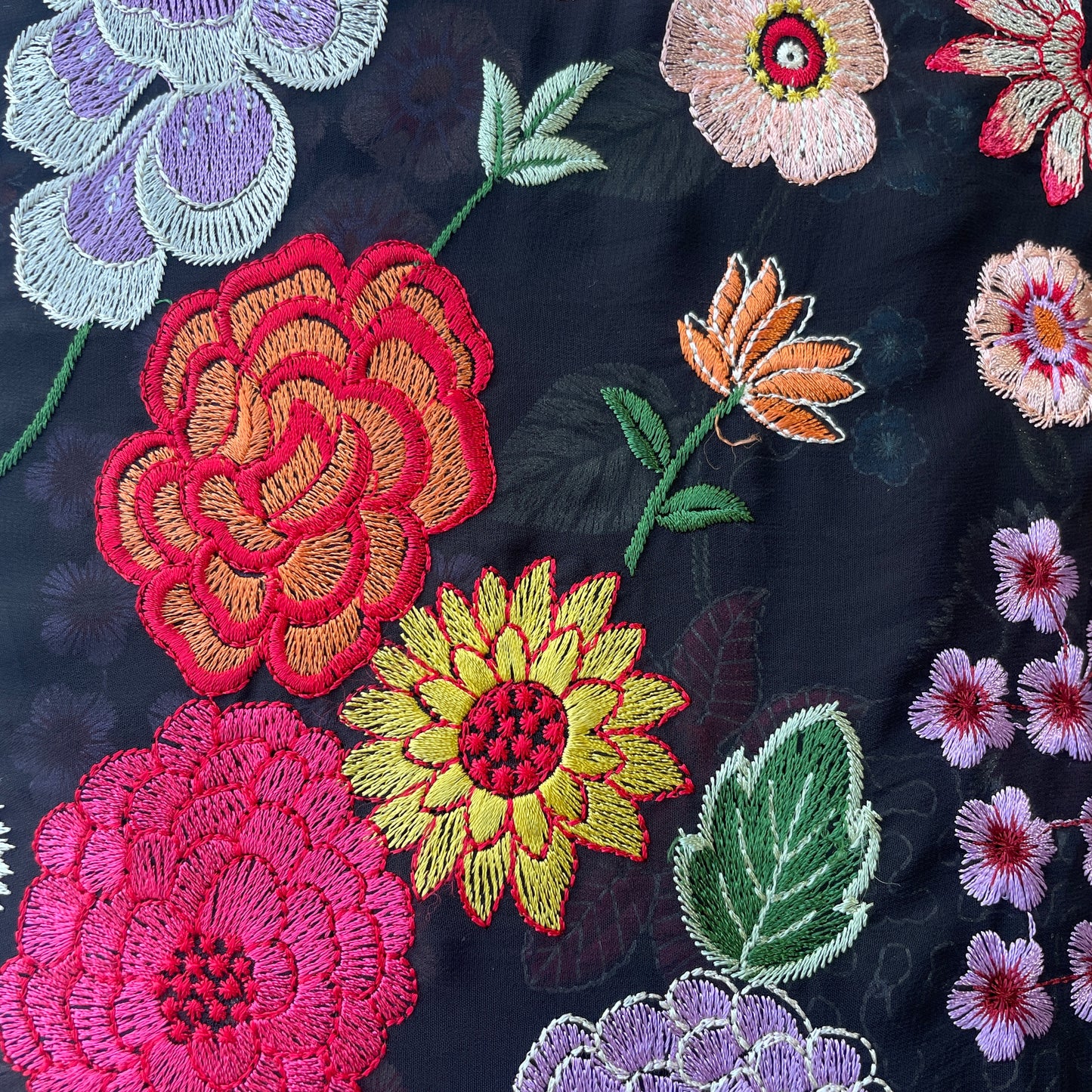 Black & Multicolor Floral Sequence Thread Embroidery Georgette Fabric 9089