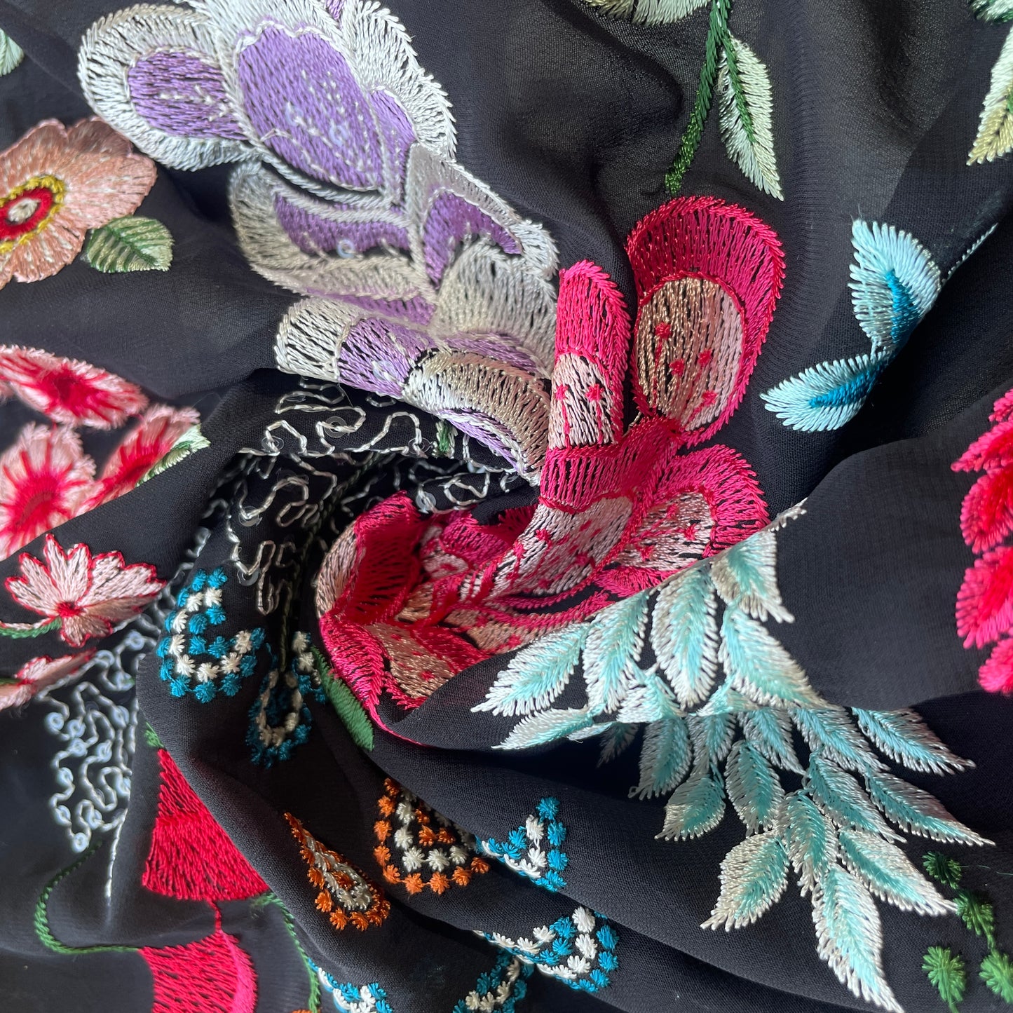 Black & Multicolor Floral Sequence Thread Embroidery Georgette Fabric 9089