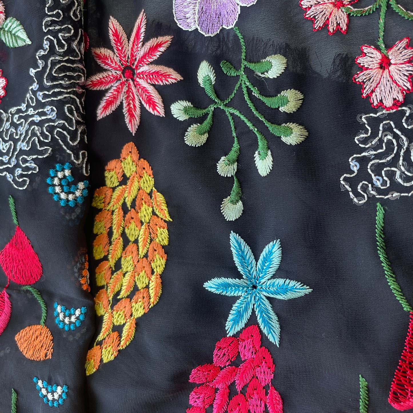 Black & Multicolor Floral Sequence Thread Embroidery Georgette Fabric 9089