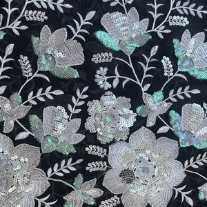Maroon & Silver Floral Sequence Embroidery Georgette Fabric 12963
