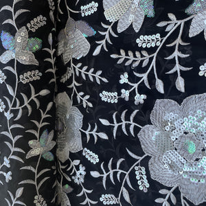 Maroon & Silver Floral Sequence Embroidery Georgette Fabric 12963