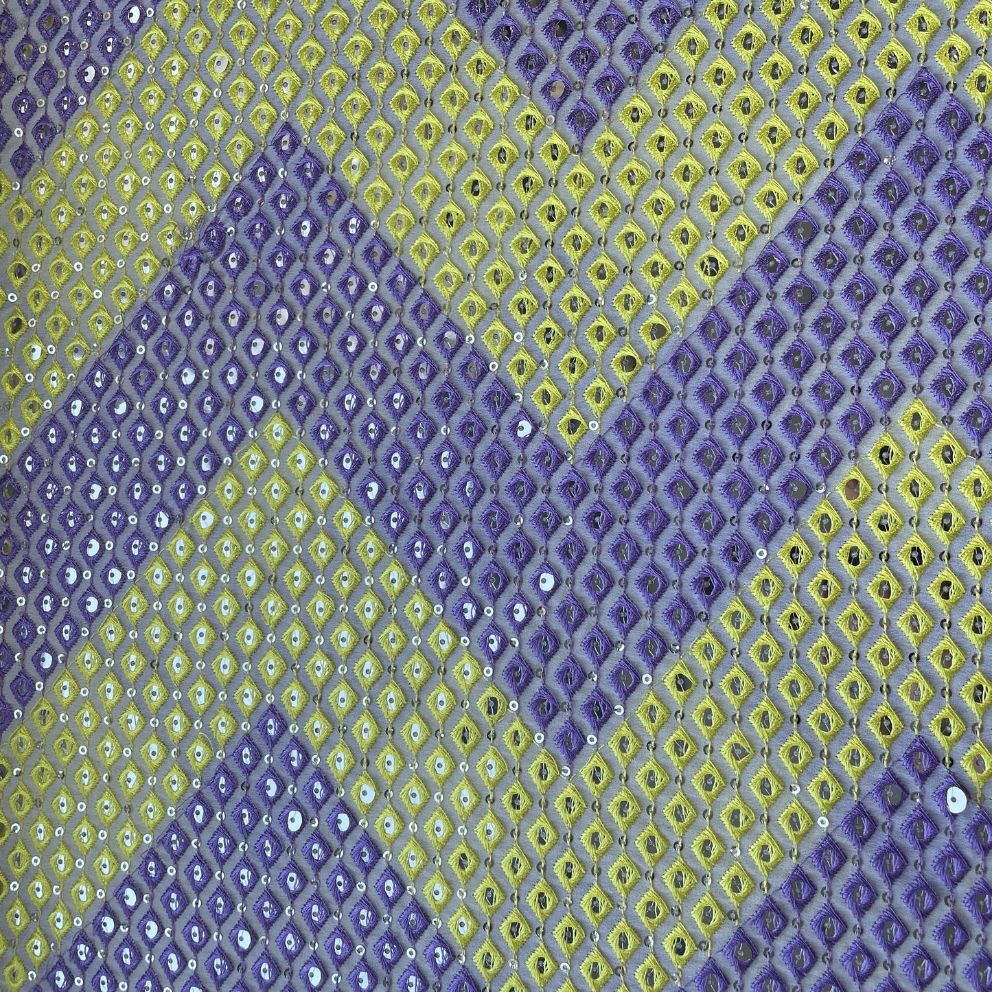 Yellow & Purple Chevron Mirror Embroidery Georgette Fabric 12554