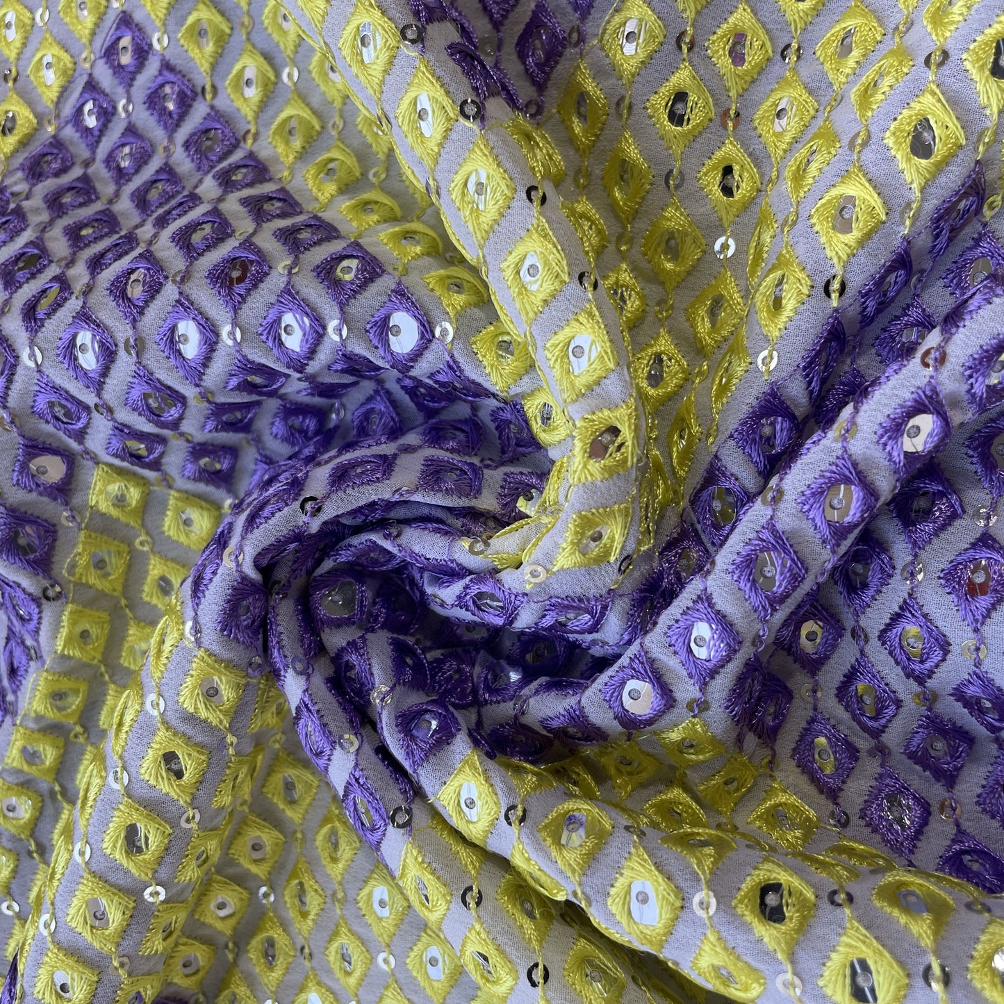 Yellow & Purple Chevron Mirror Embroidery Georgette Fabric 12554