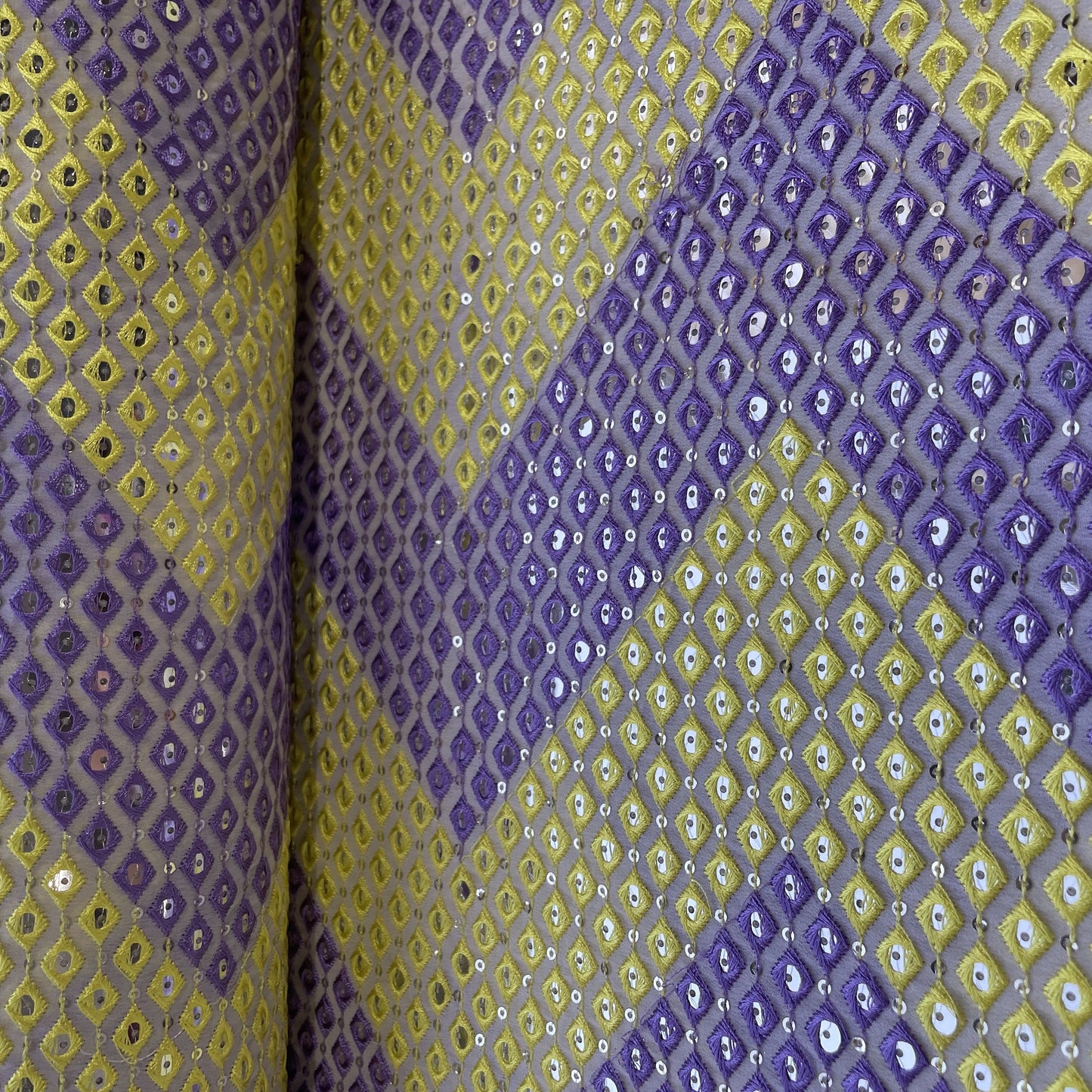 Yellow & Purple Chevron Mirror Embroidery Georgette Fabric 12554