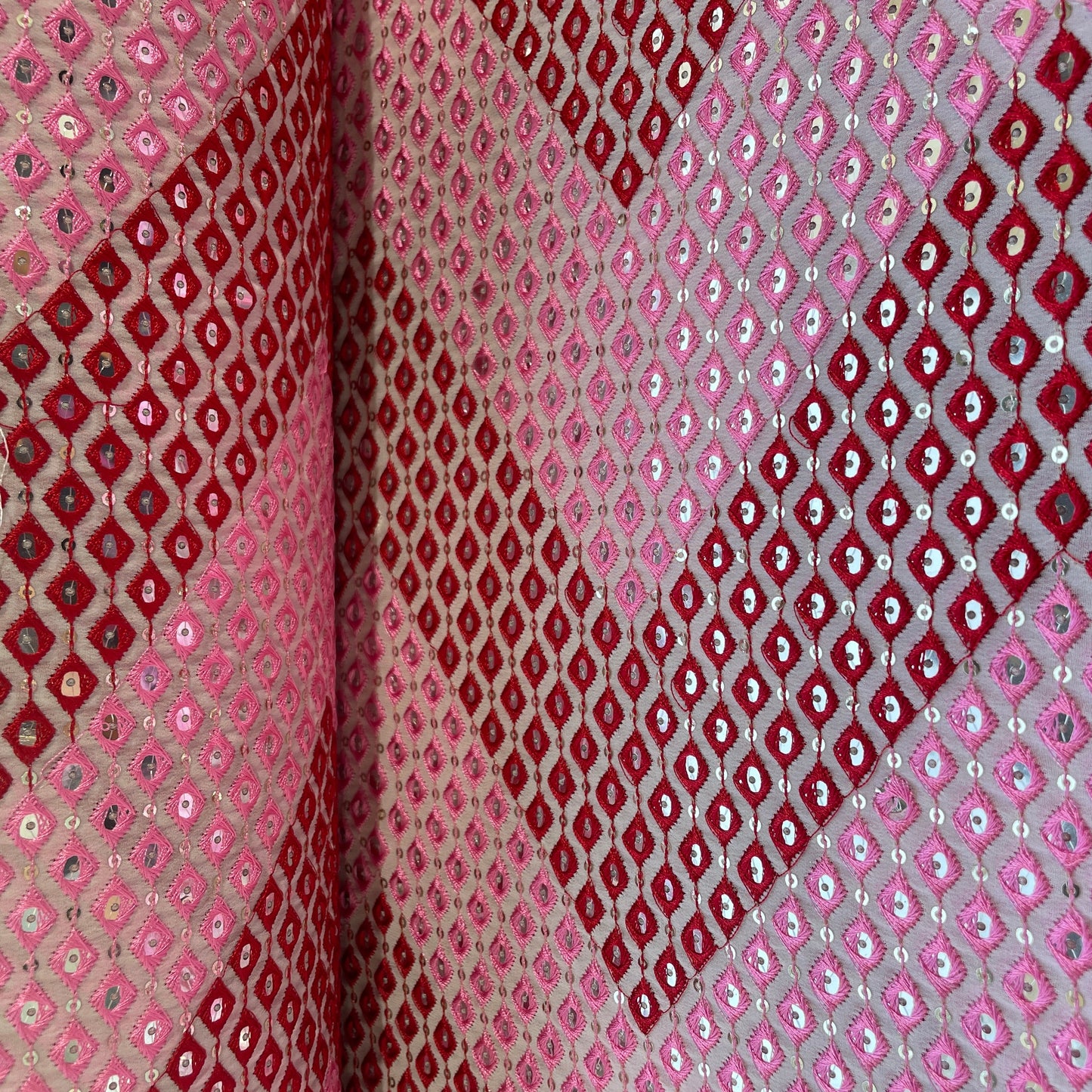 Pink & Red Chevron Mirror Embroidery Georgette Fabric 12556