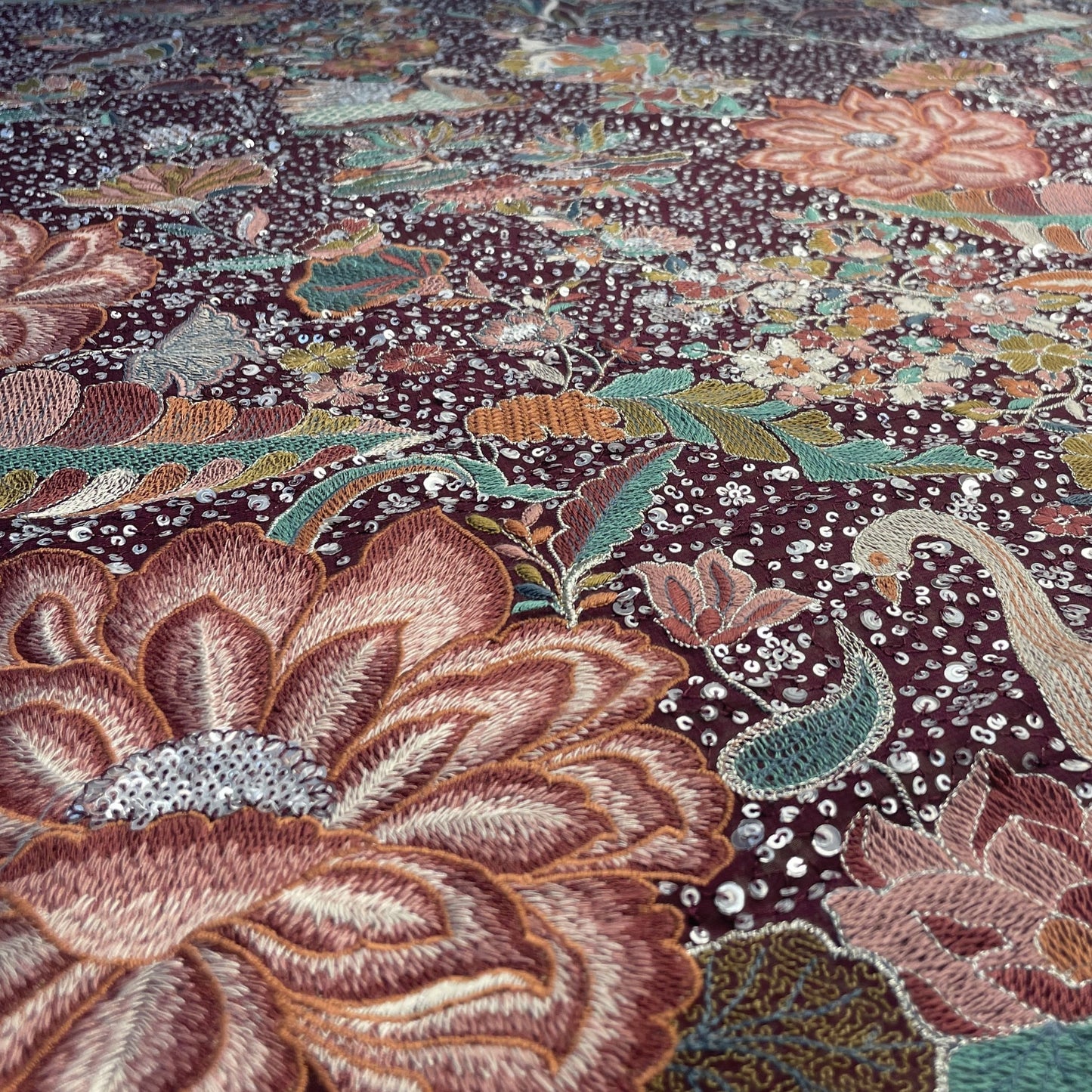 Exclusive Purple Floral Traditional Sequins Embroidery Georgette Fabric