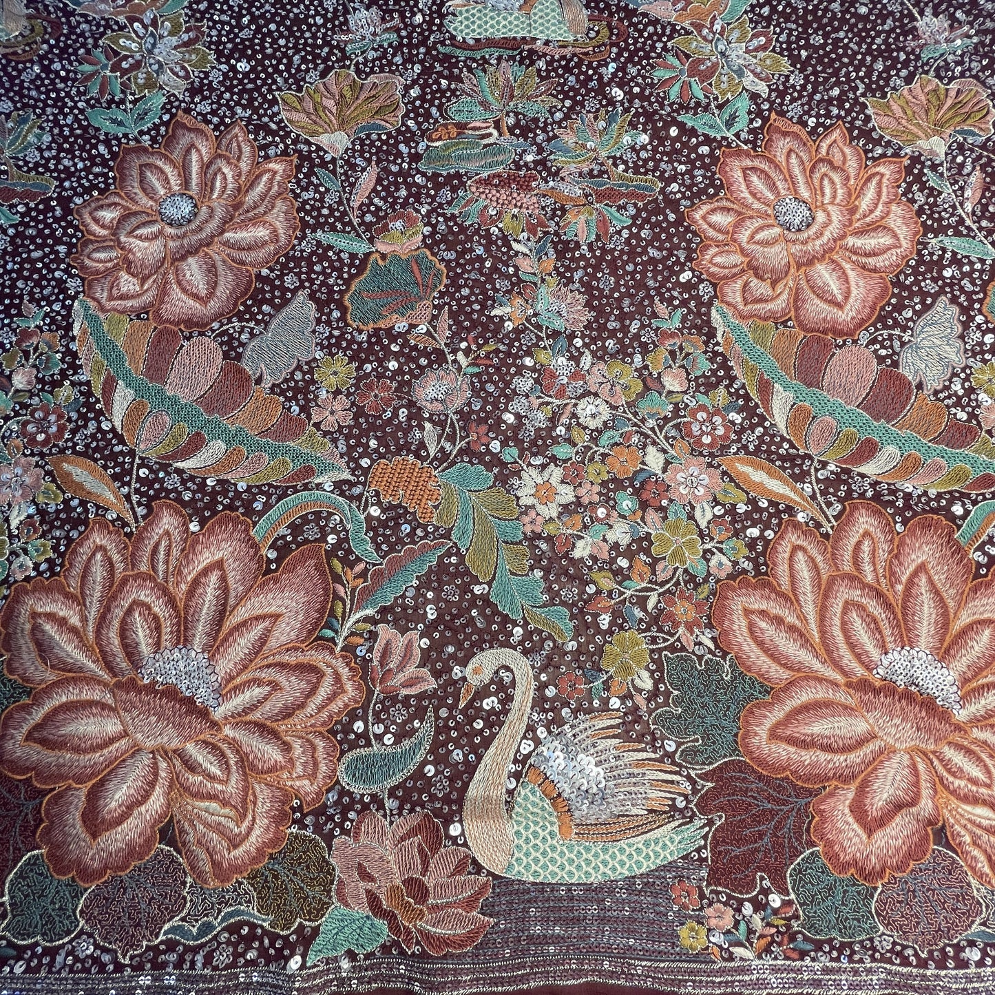 Exclusive Purple Floral Traditional Sequins Embroidery Georgette Fabric