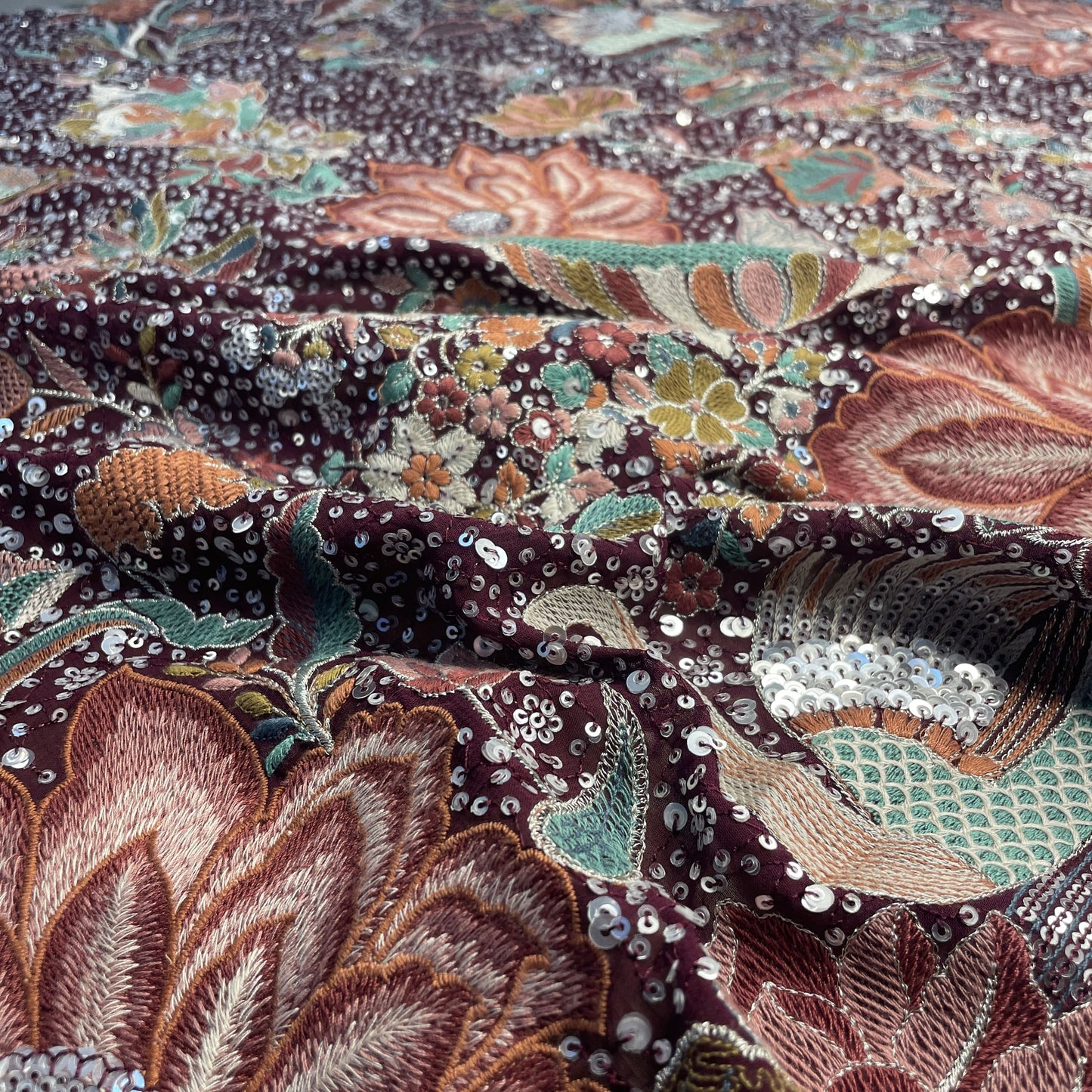 Exclusive Purple Floral Traditional Sequins Embroidery Georgette Fabric